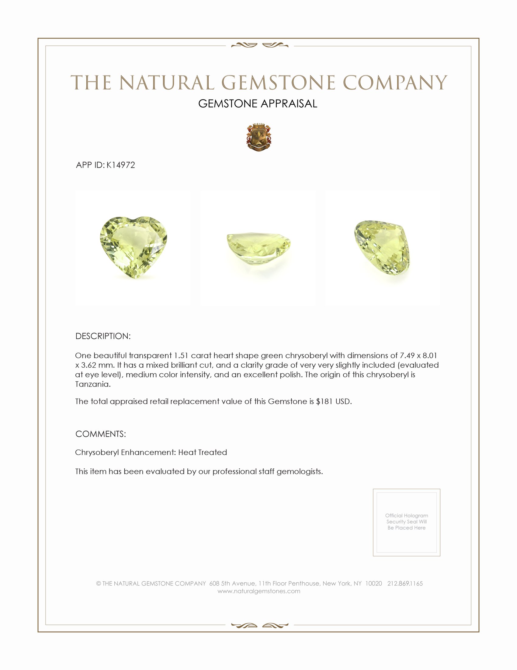 1.51 Ct. Chrysoberyl from Tanzania