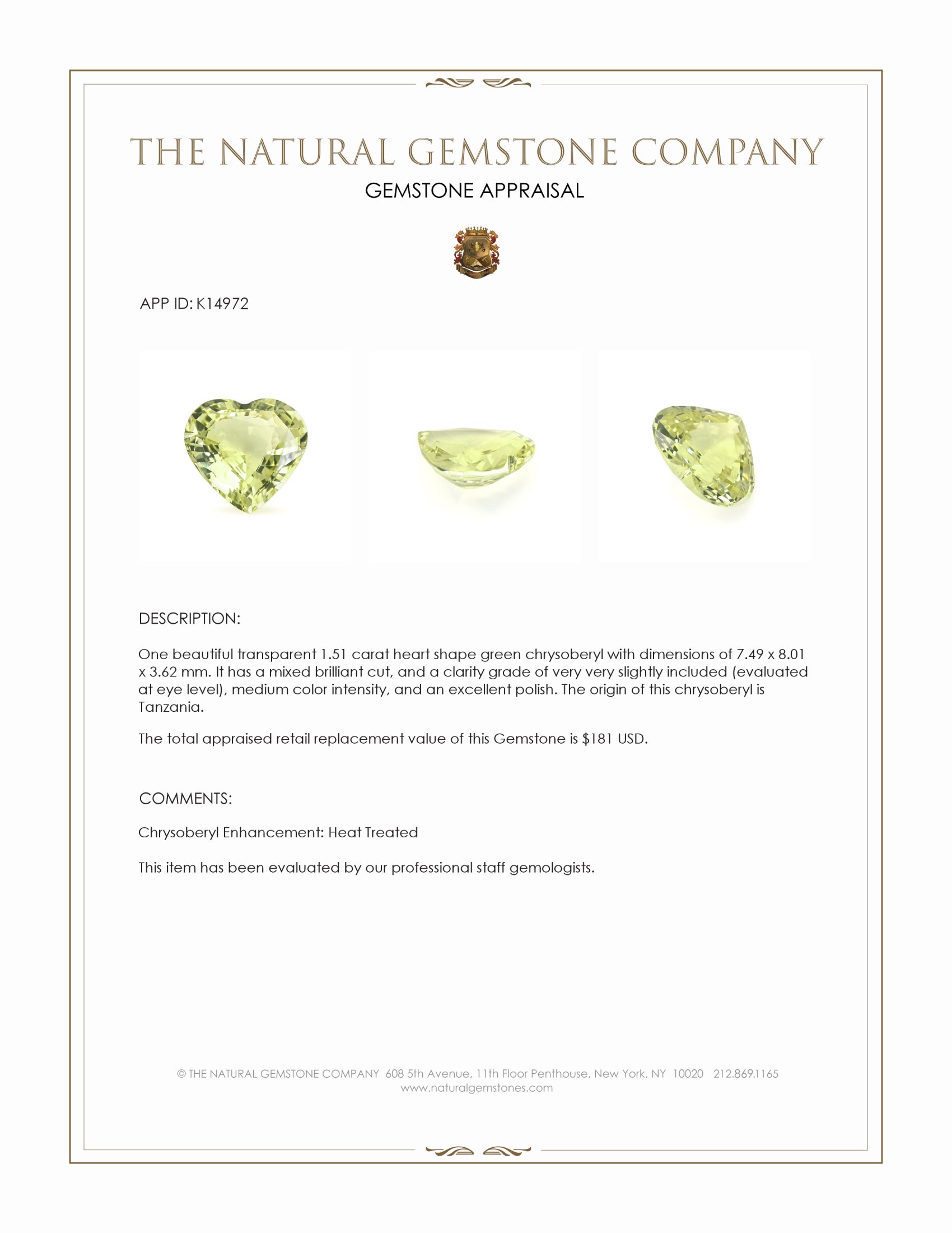1.51 Ct. Chrysoberyl from Tanzania