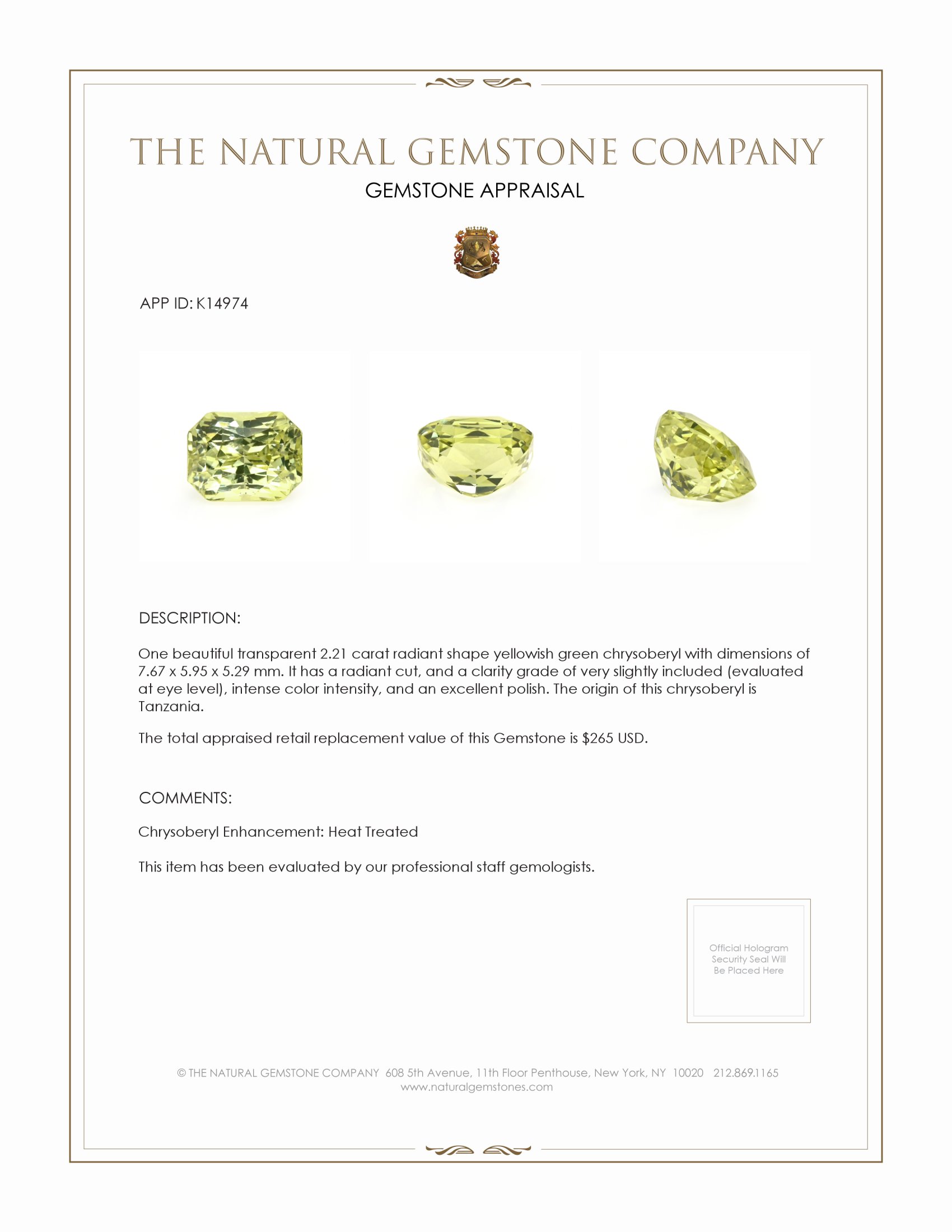 2.21 Ct. Chrysoberyl from Tanzania