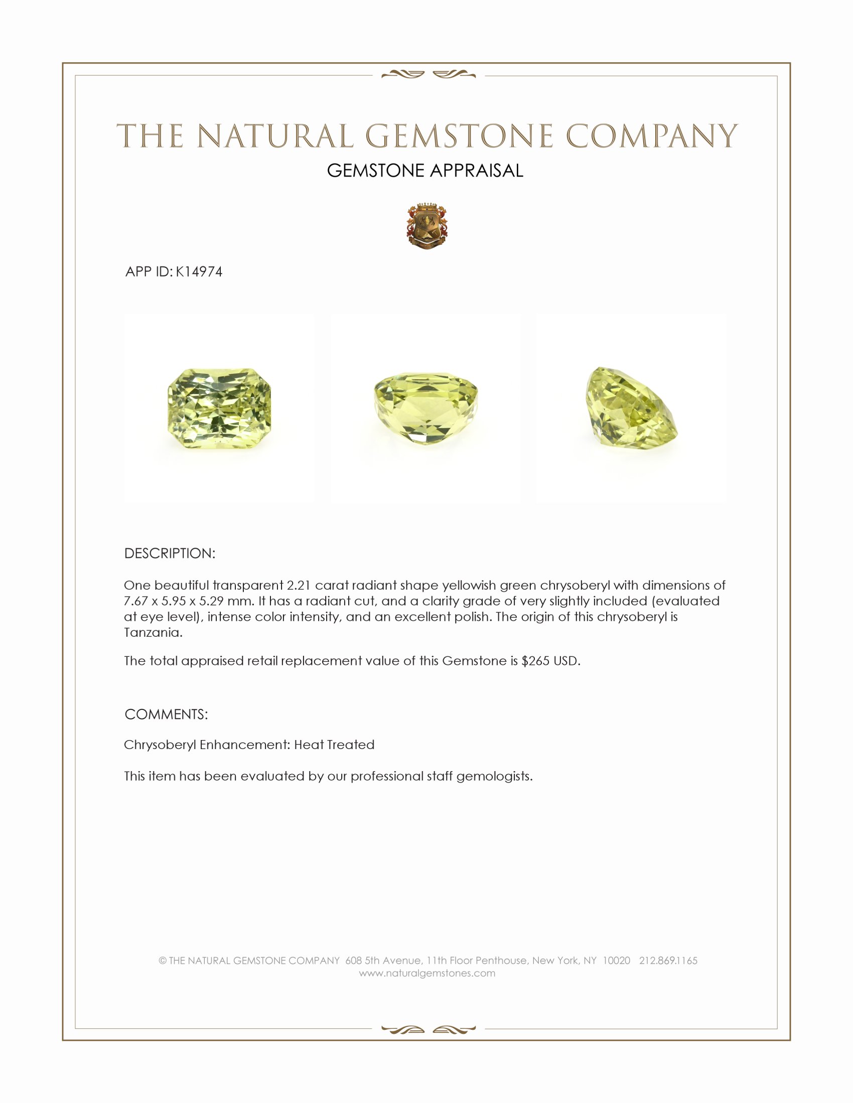 2.21 Ct. Chrysoberyl from Tanzania