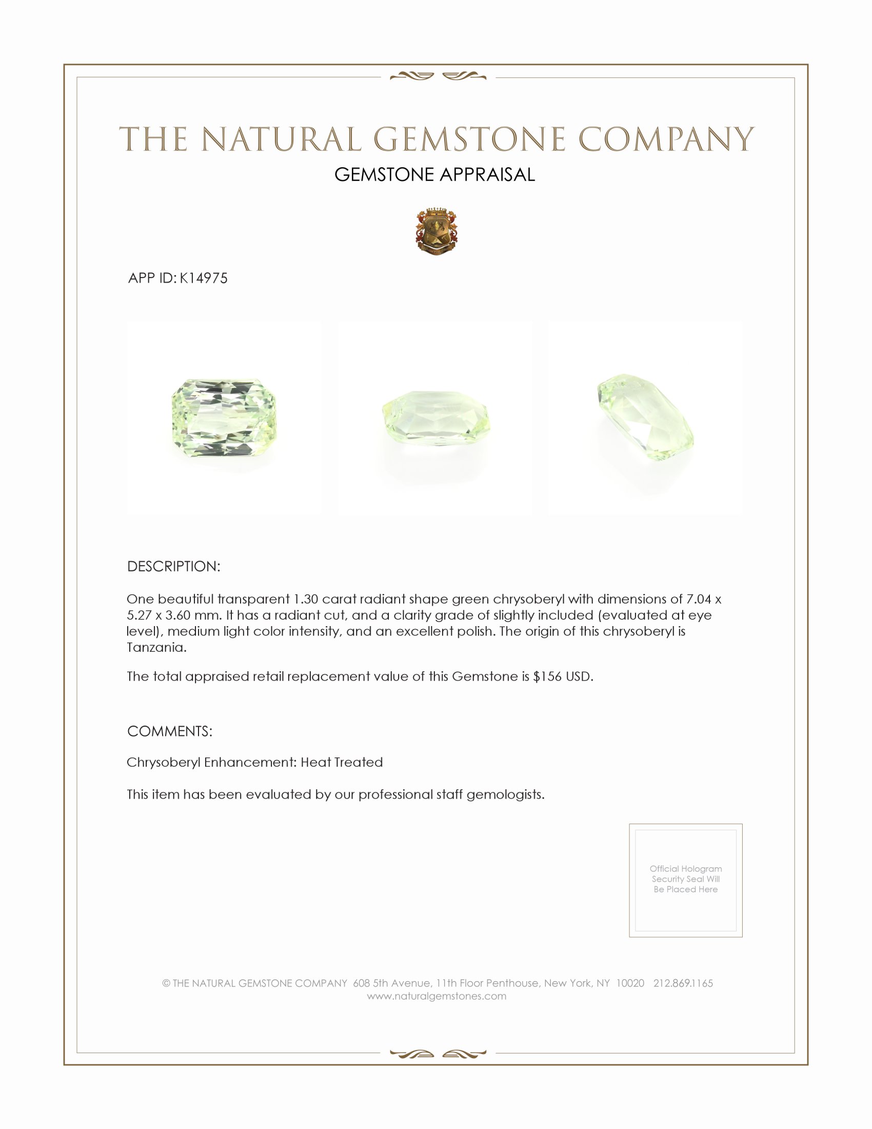 1.30 Ct. Chrysoberyl from Tanzania