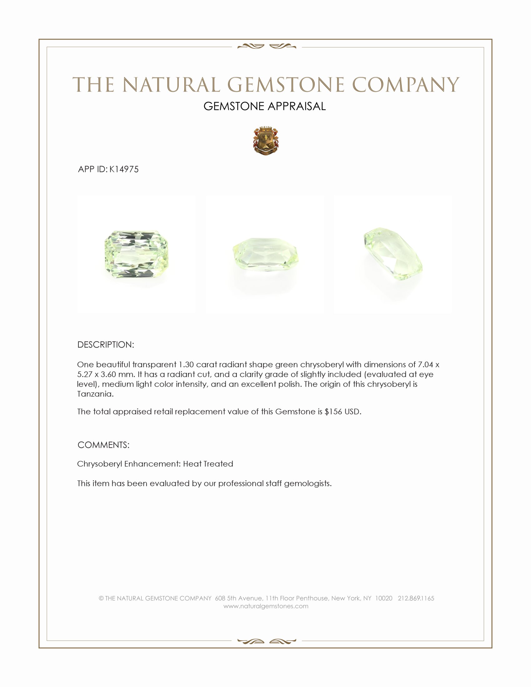 1.30 Ct. Chrysoberyl from Tanzania