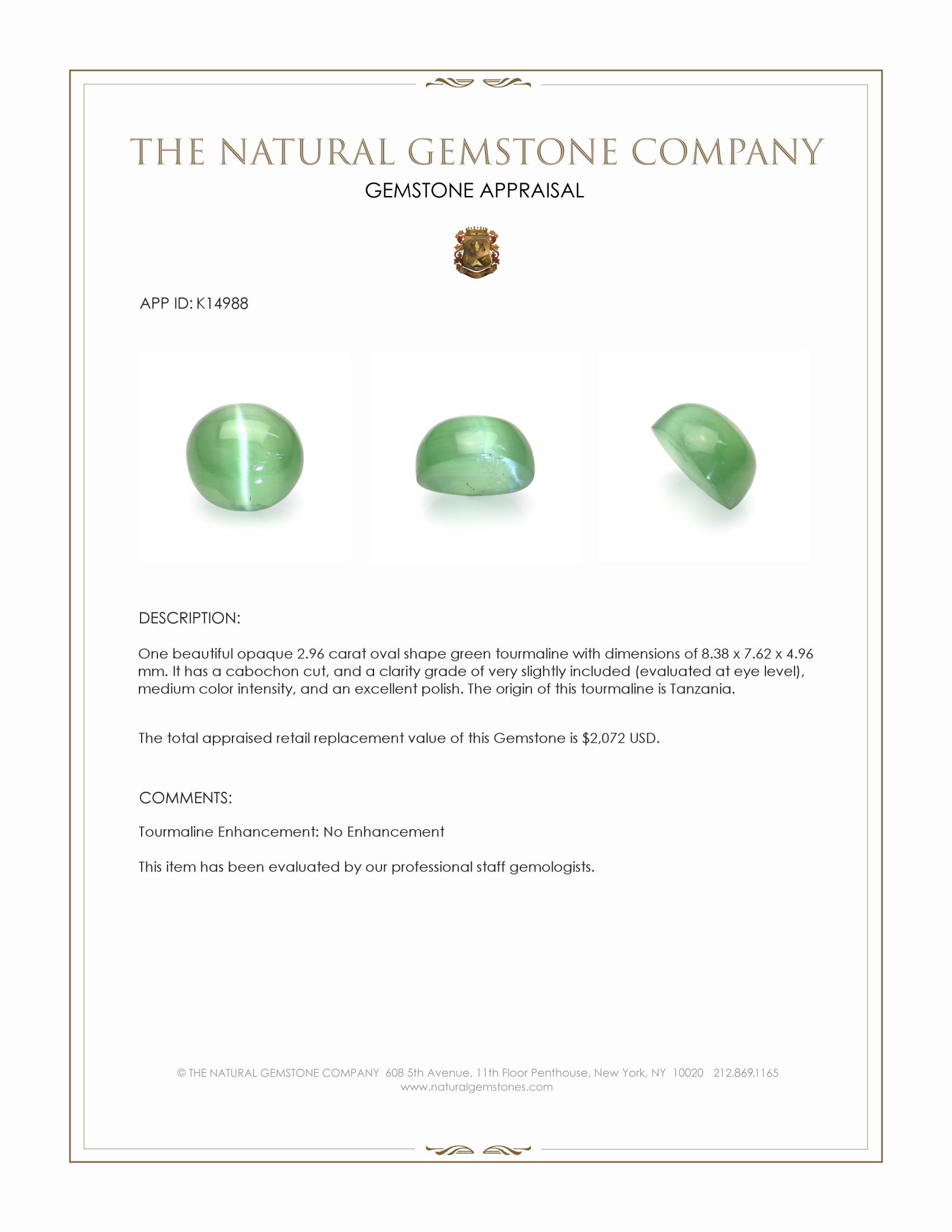 2.96 Ct. Green Cabochon Tourmaline from Tanzania