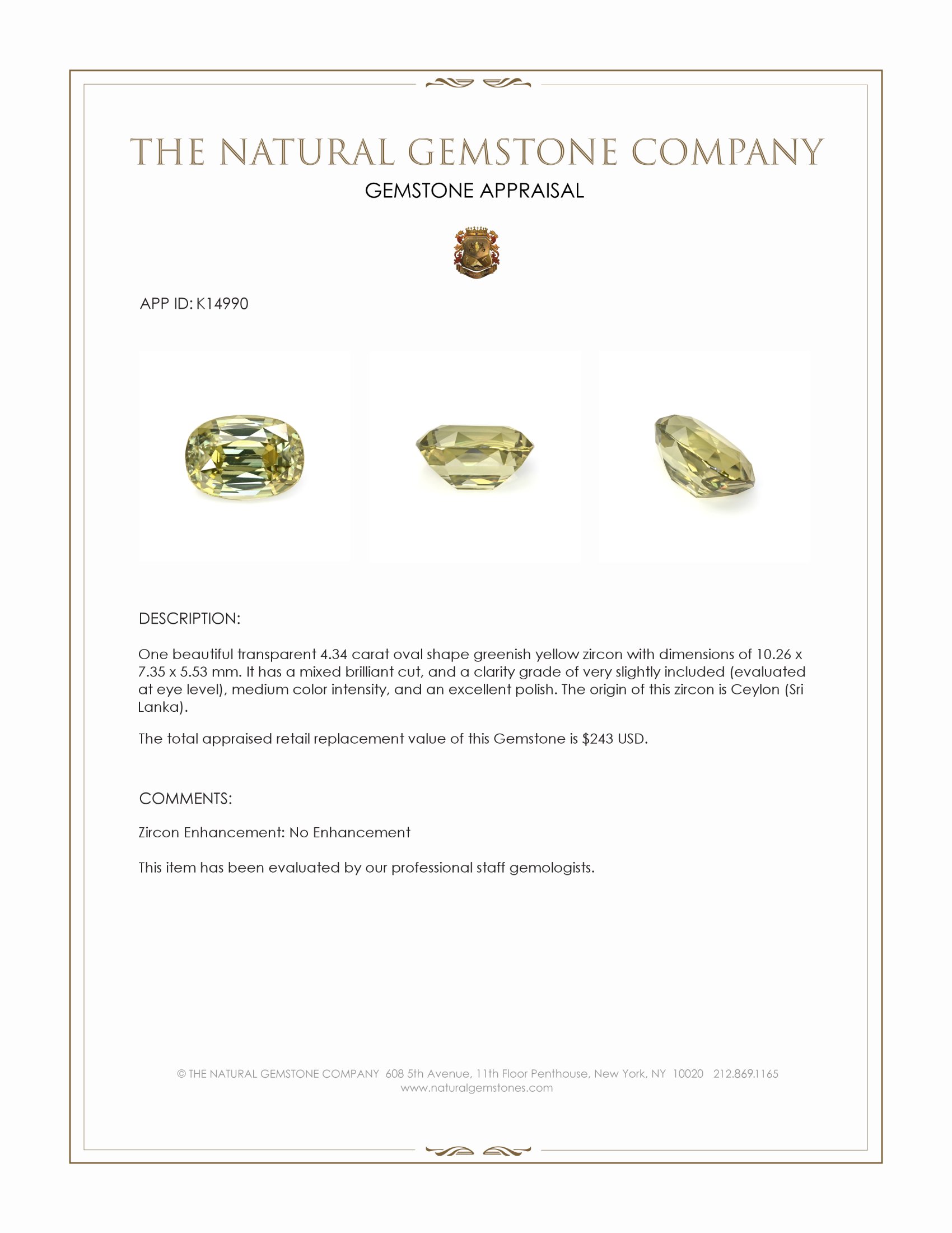 4.34 Ct. Greenish Yellow Zircon from Ceylon (Sri Lanka)