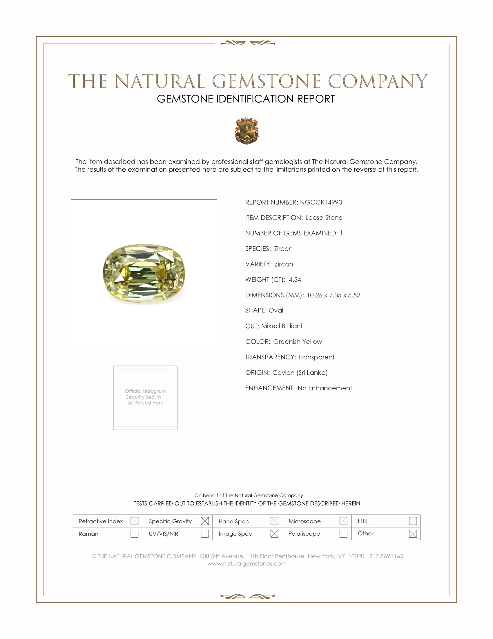 4.34 Ct. Greenish Yellow Zircon from Ceylon (Sri Lanka)