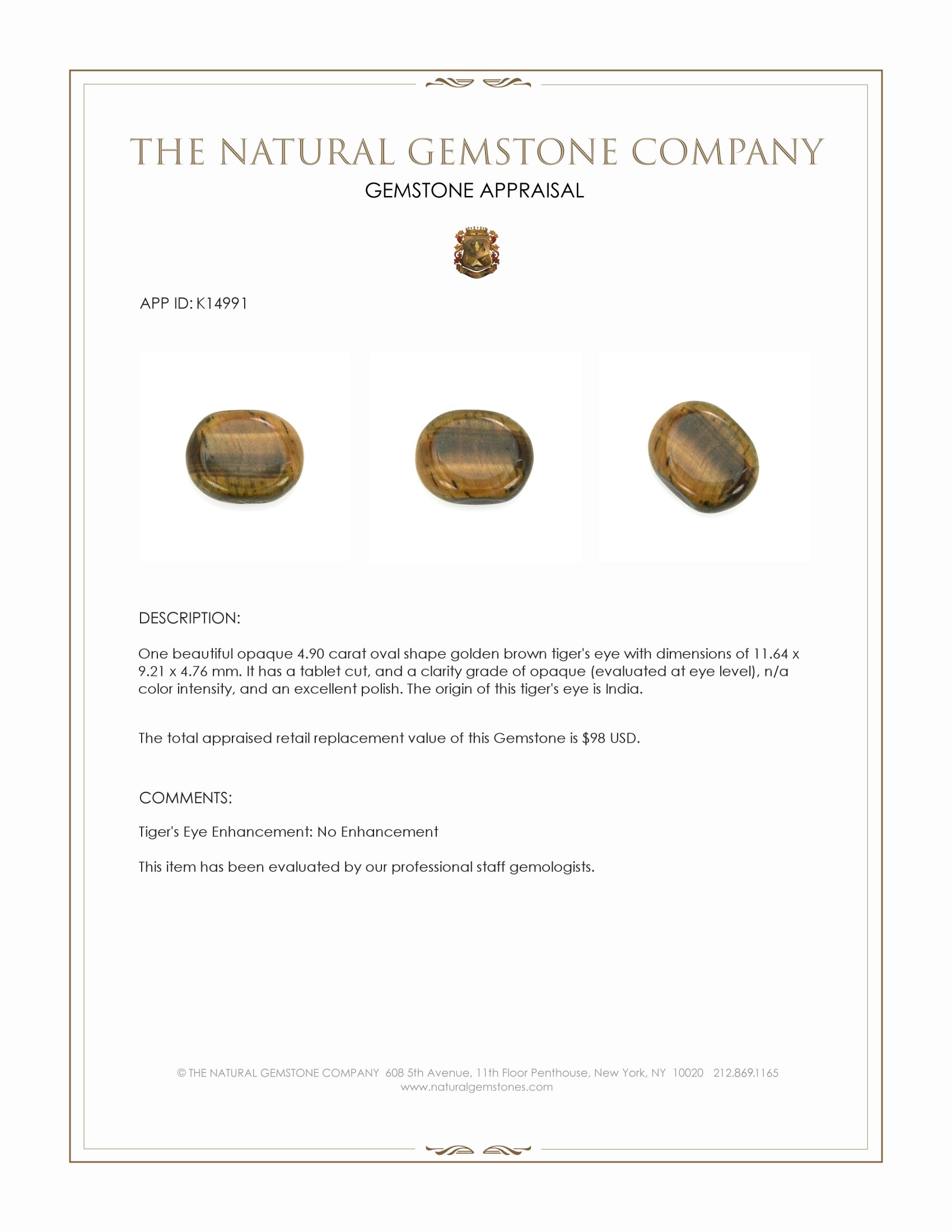 4.90 Ct. Tiger's Eye from India