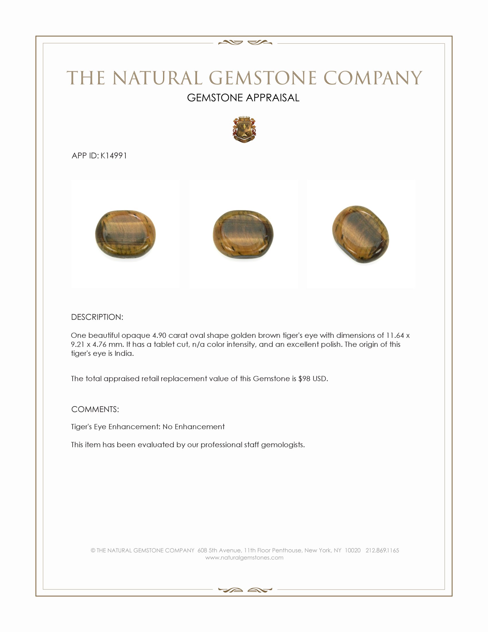 4.90 Ct. Tiger's Eye from India