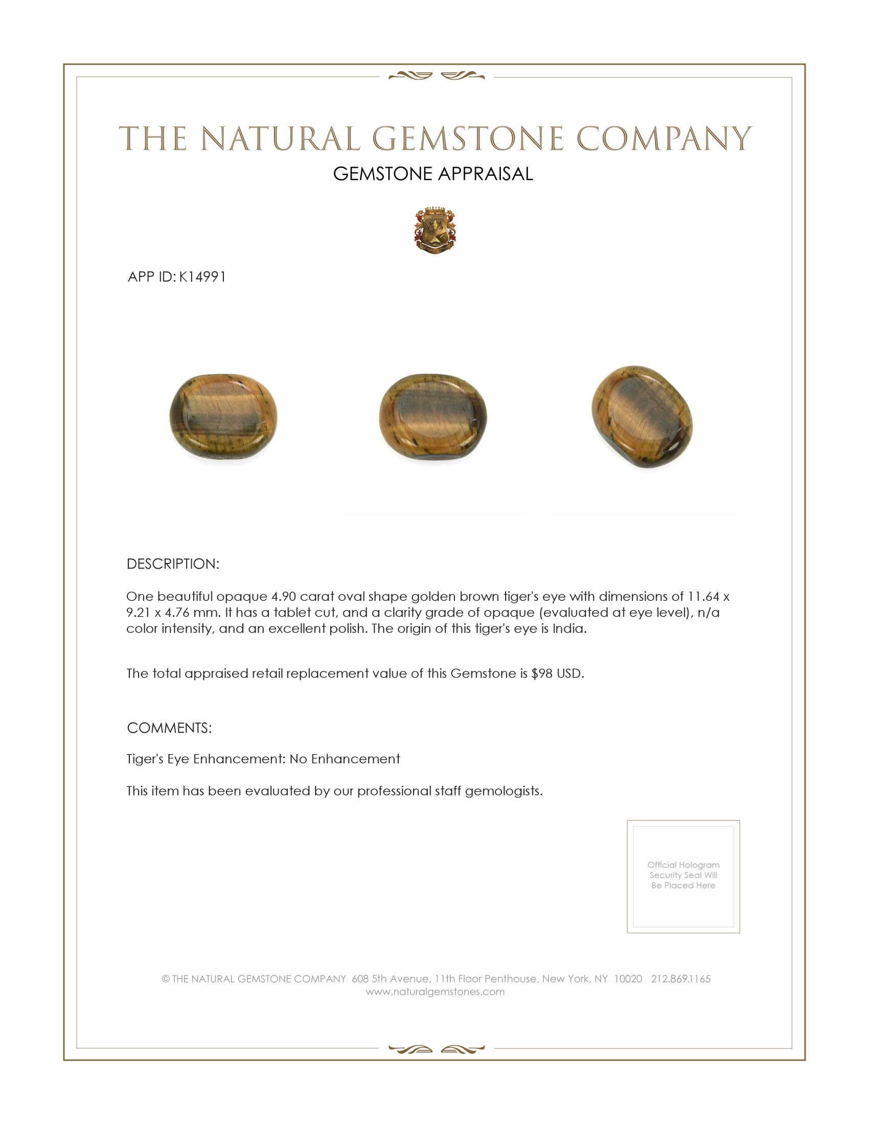 4.90 Ct. Tiger's Eye from India