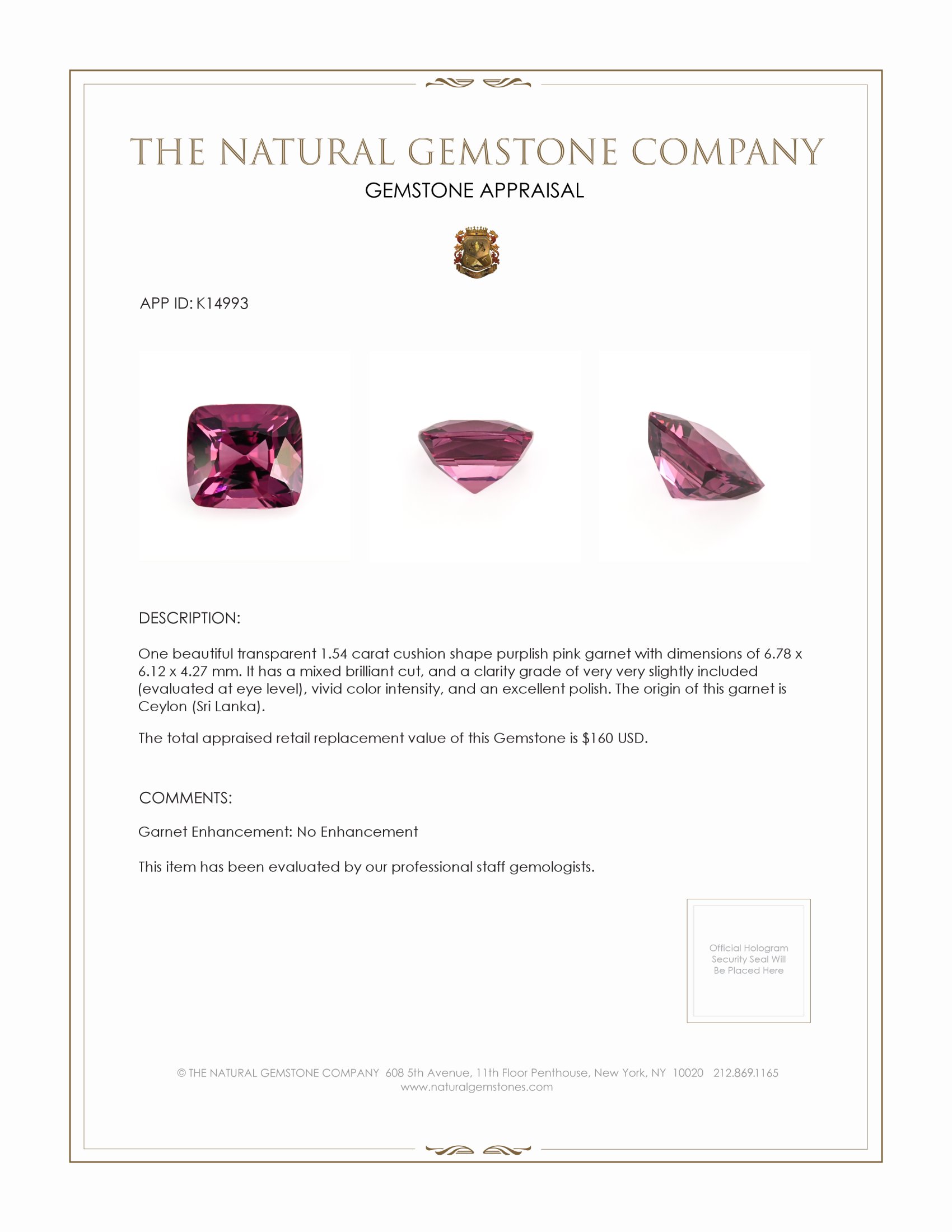 1.54 Ct. Purplish Pink Garnet from Ceylon (Sri Lanka)