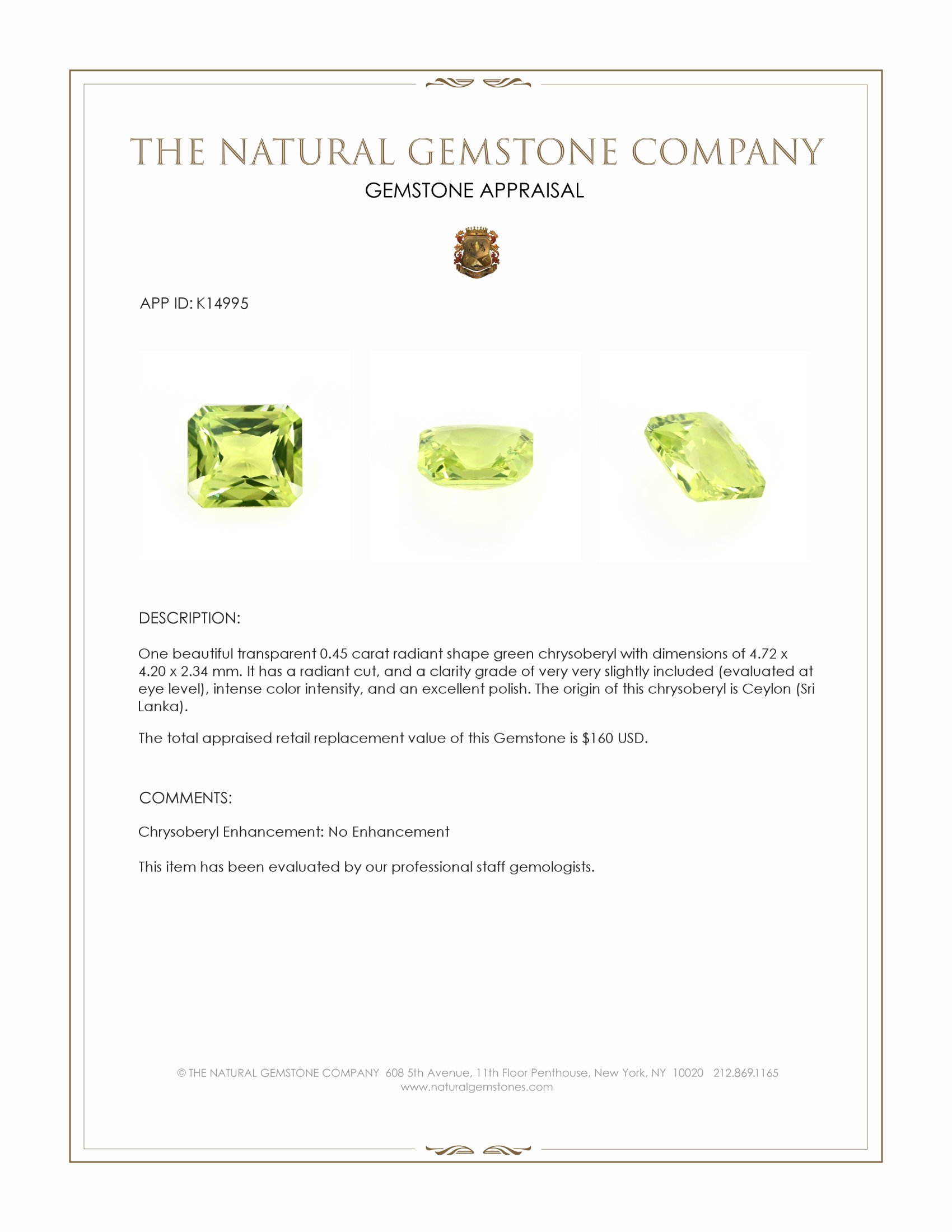 0.45 Ct. Green Chrysoberyl from Ceylon (Sri Lanka)