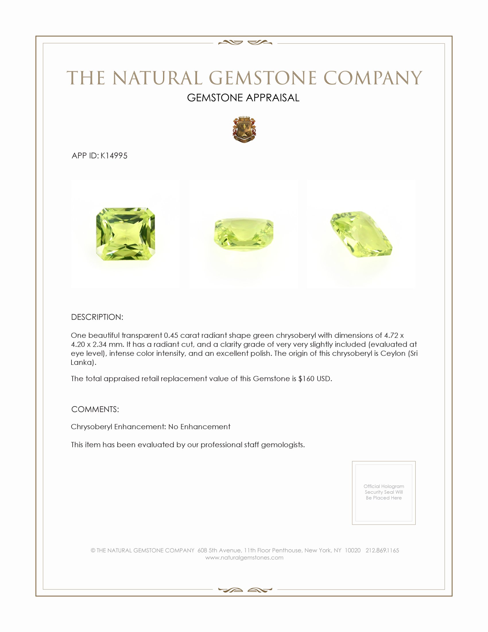 0.45 Ct. Chrysoberyl from Ceylon (Sri Lanka)