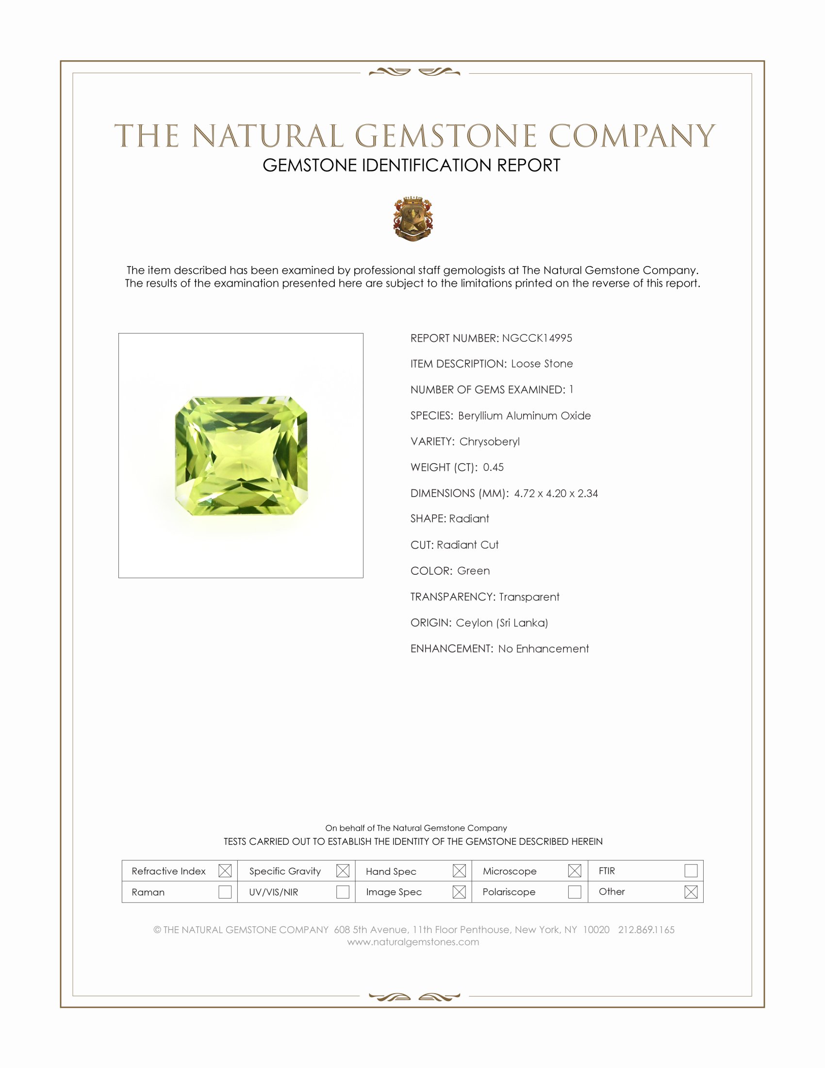 0.45 Ct. Chrysoberyl from Ceylon (Sri Lanka)