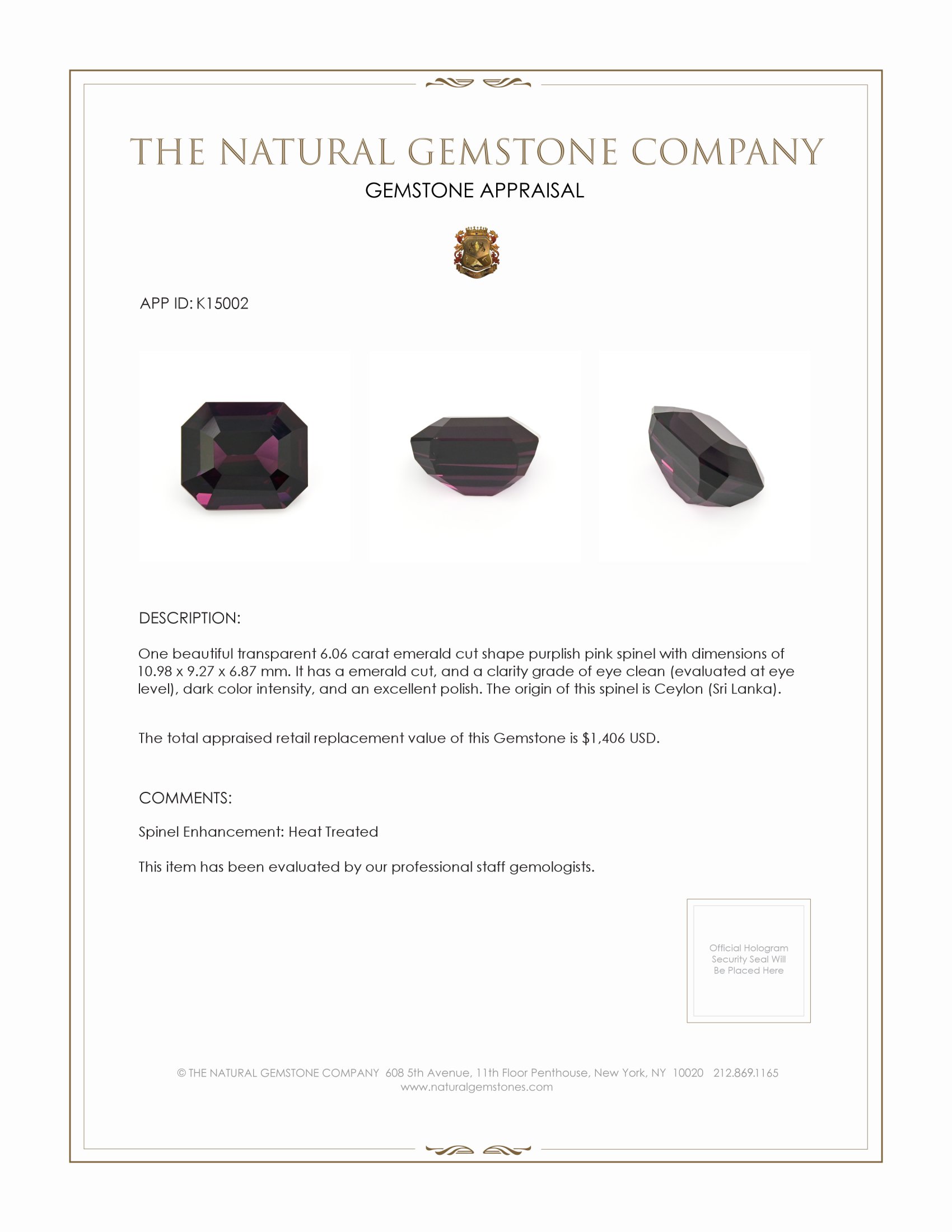 6.06 Ct. Spinel from Ceylon (Sri Lanka)
