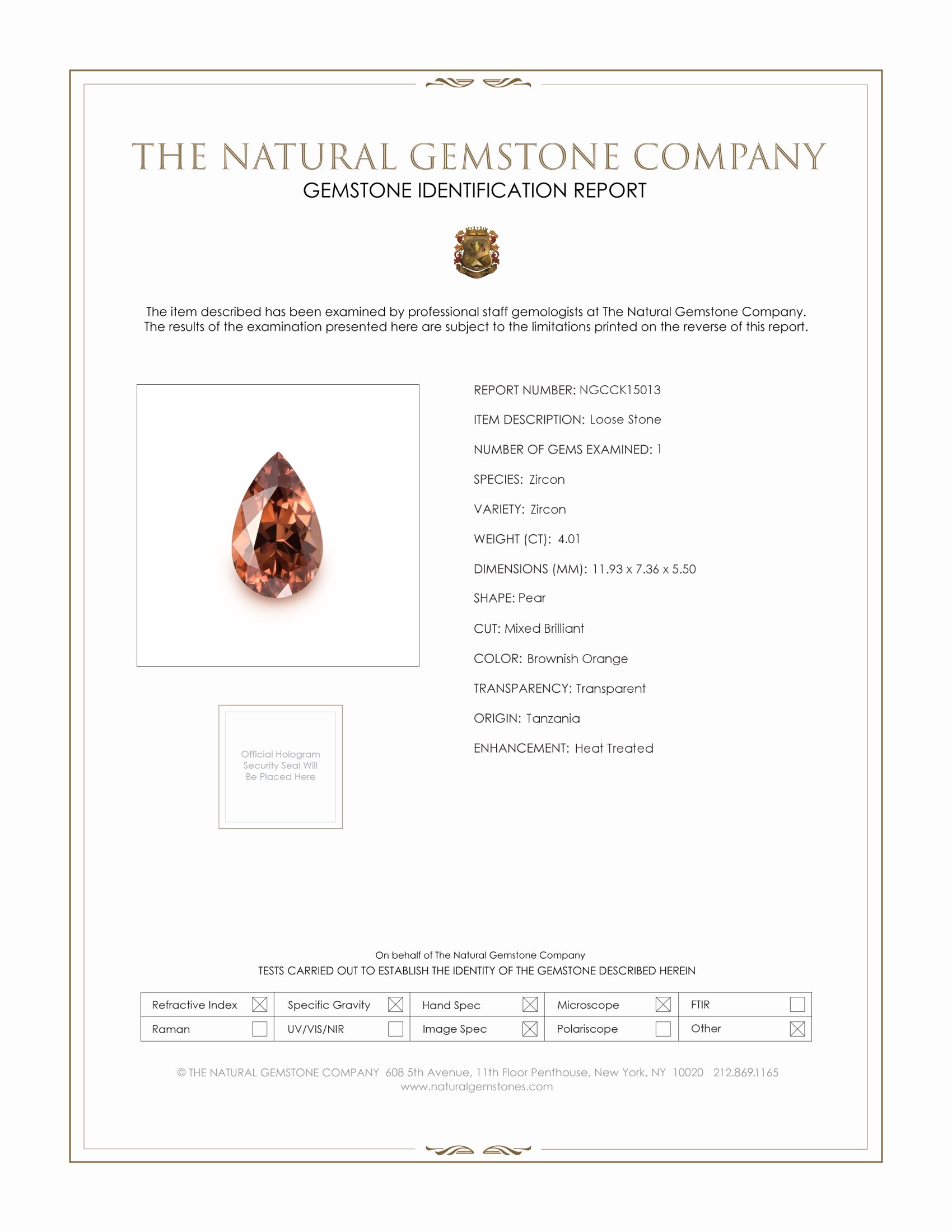 4.01 Ct. Brownish Orange Zircon from Tanzania