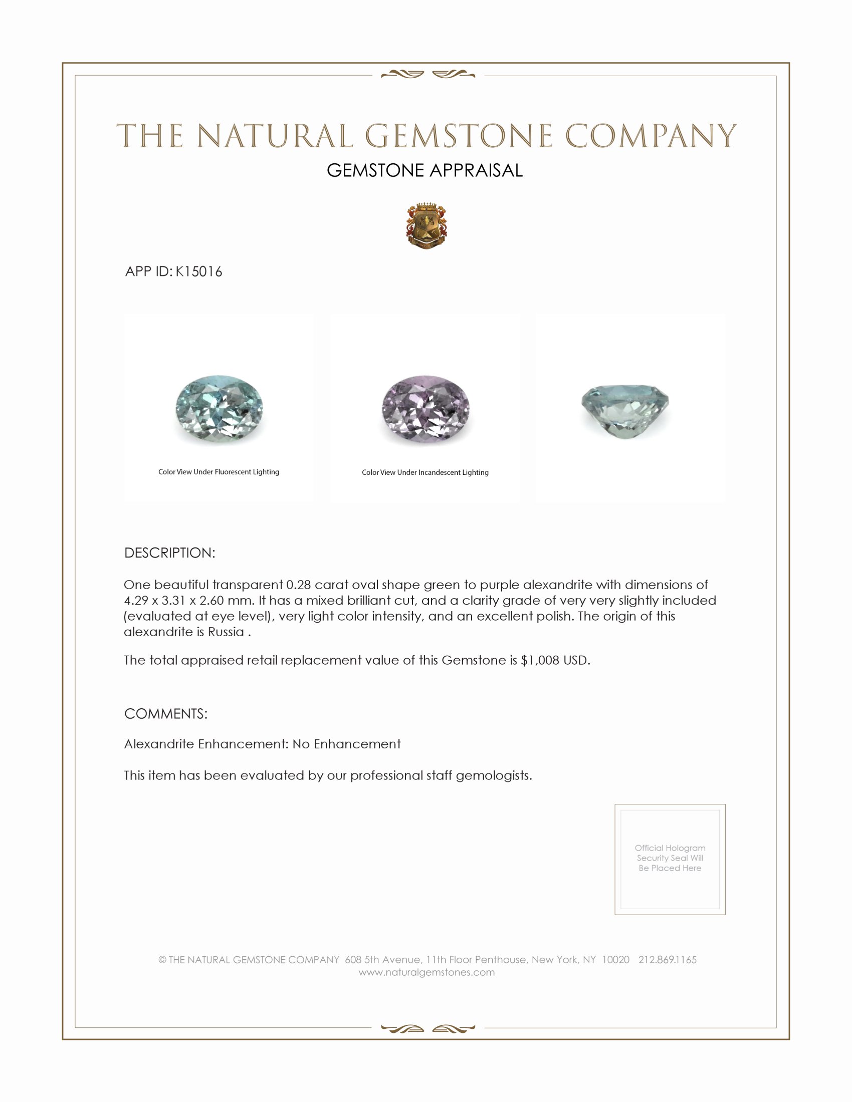 0.28 Ct. Alexandrite from Russia