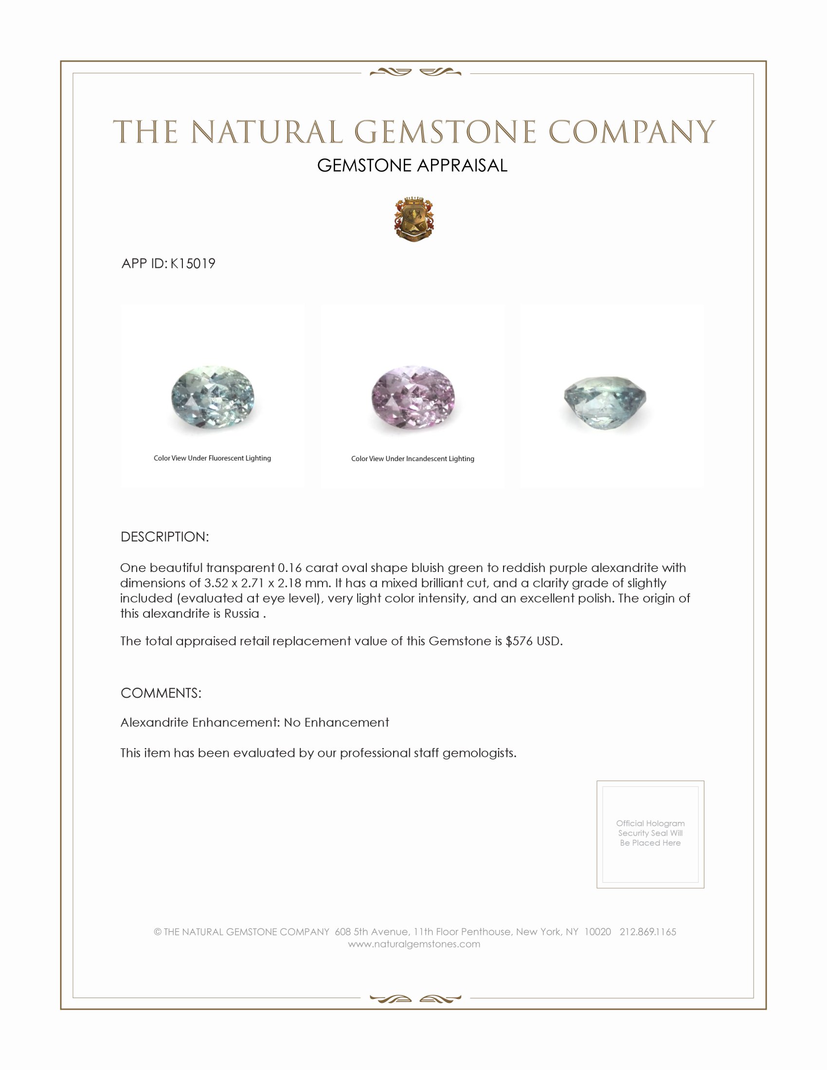 0.16 Ct. Alexandrite from Russia