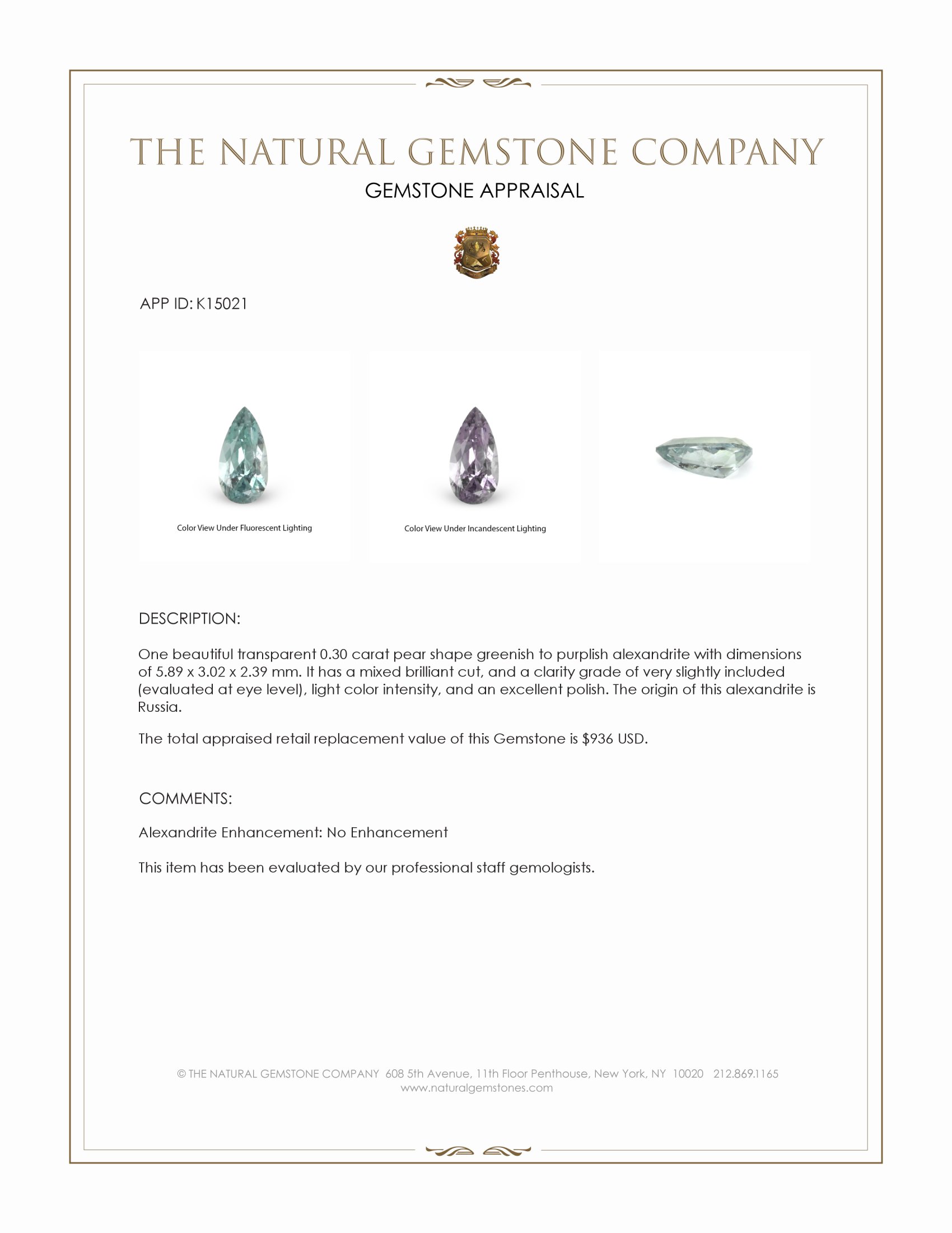 0.30 Ct. Alexandrite from Russia