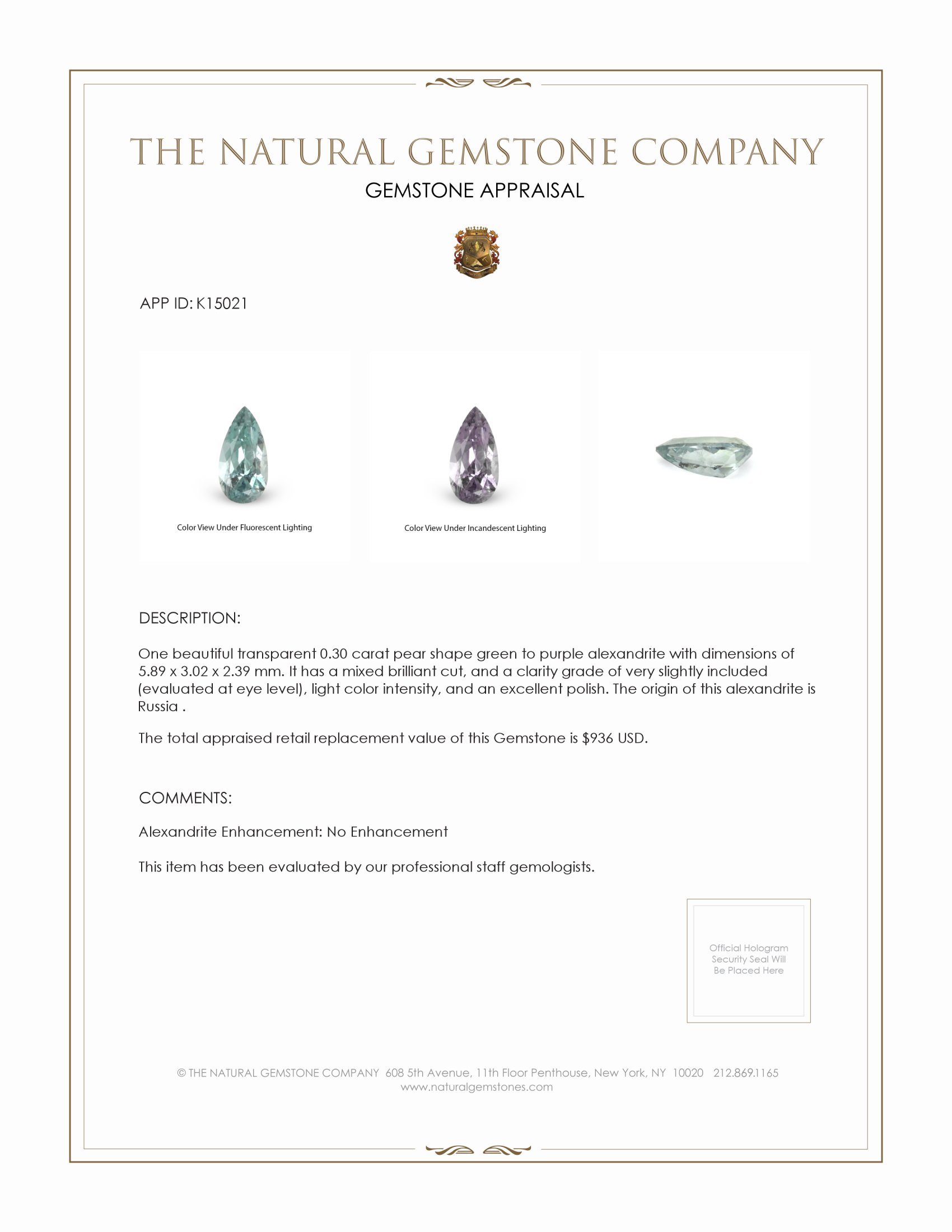 0.30 Ct. Alexandrite from Russia