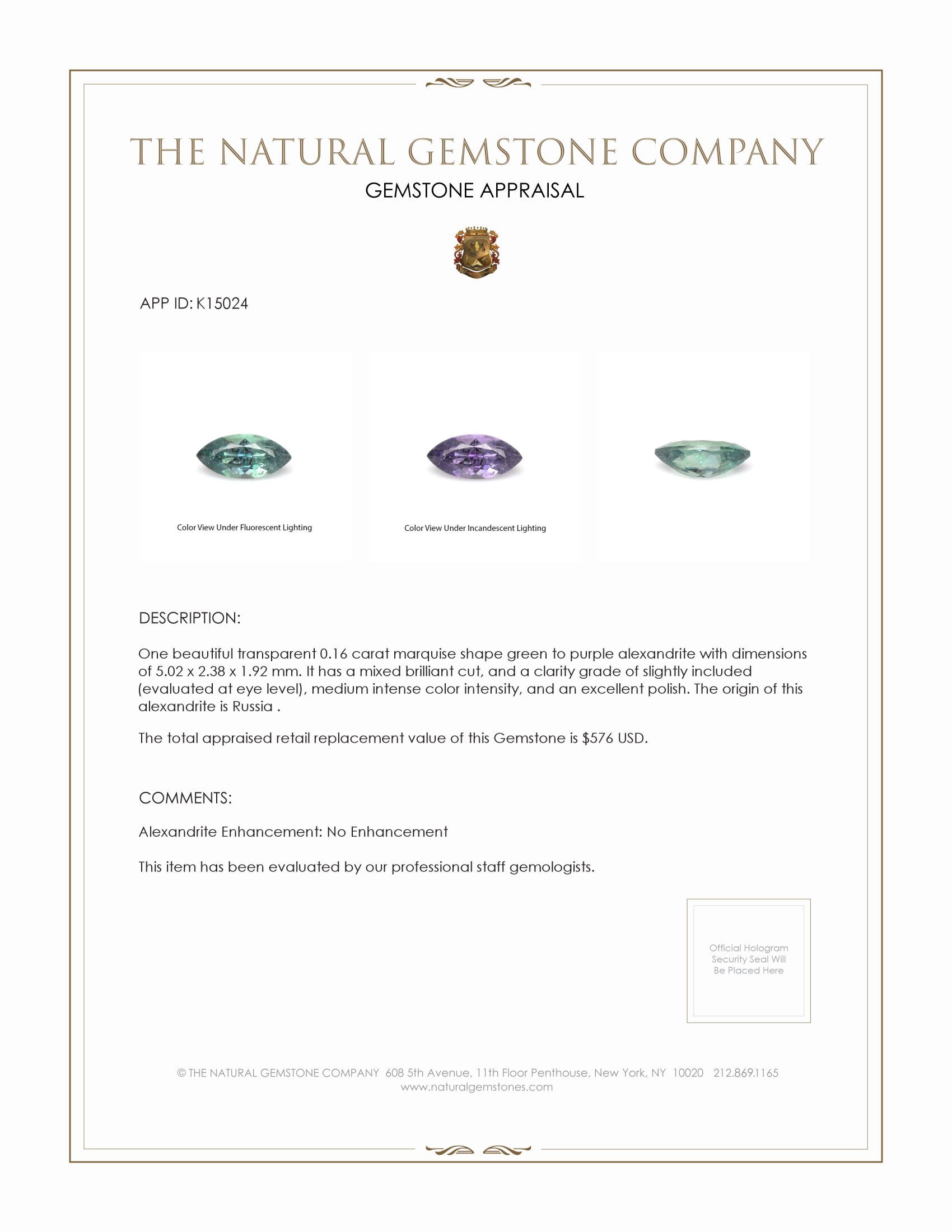 0.16 Ct. Alexandrite from Russia