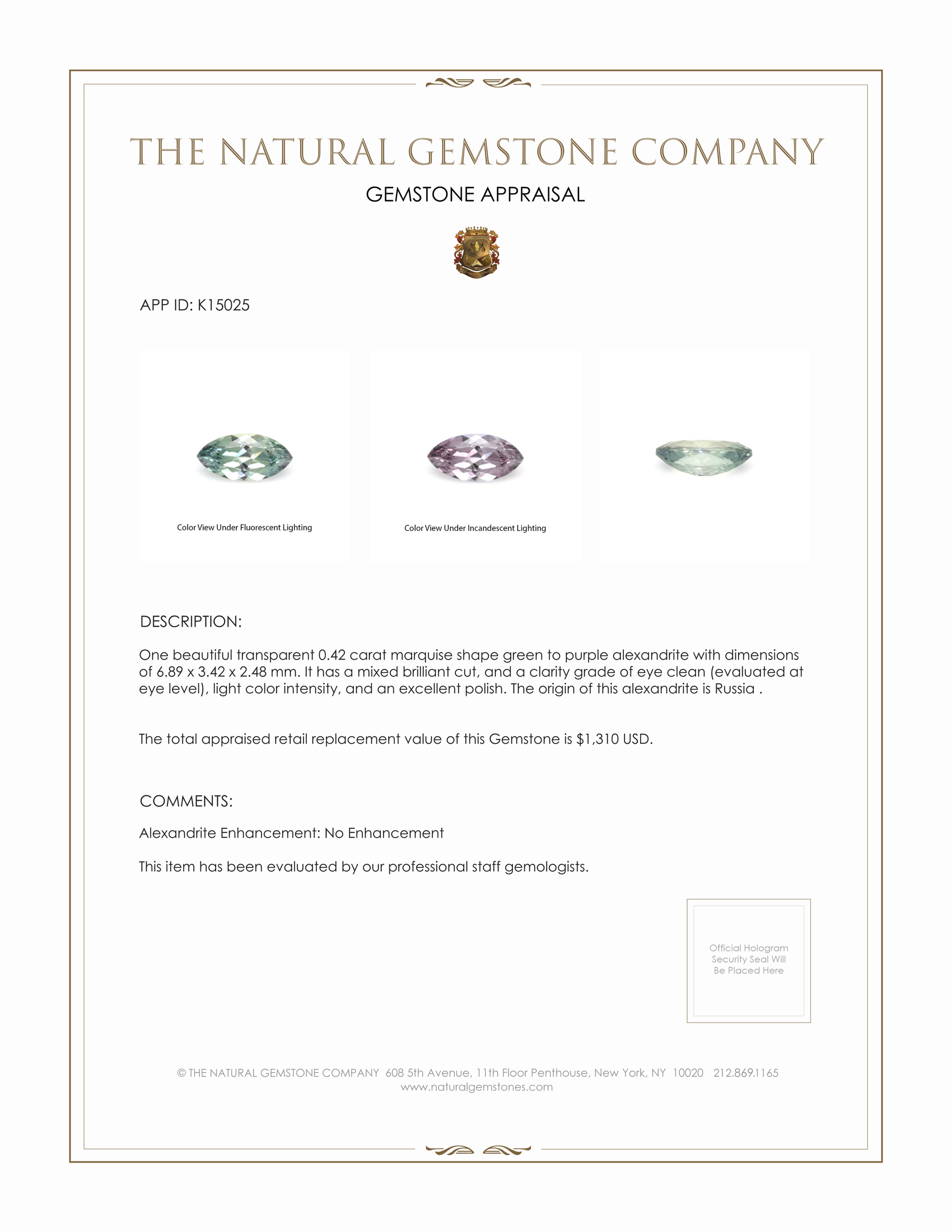 0.42 Ct. Alexandrite from Russia