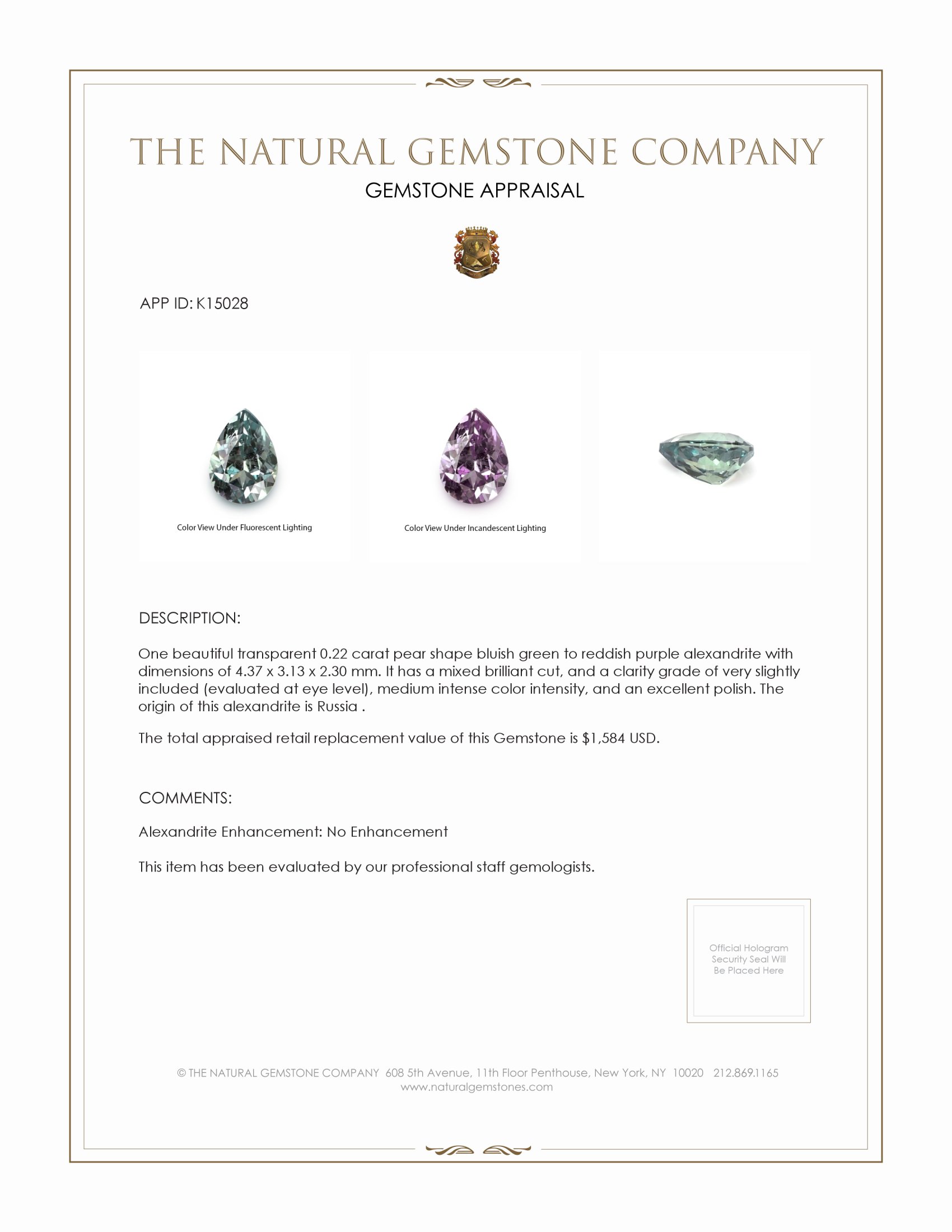 0.22 Ct. Alexandrite from Russia