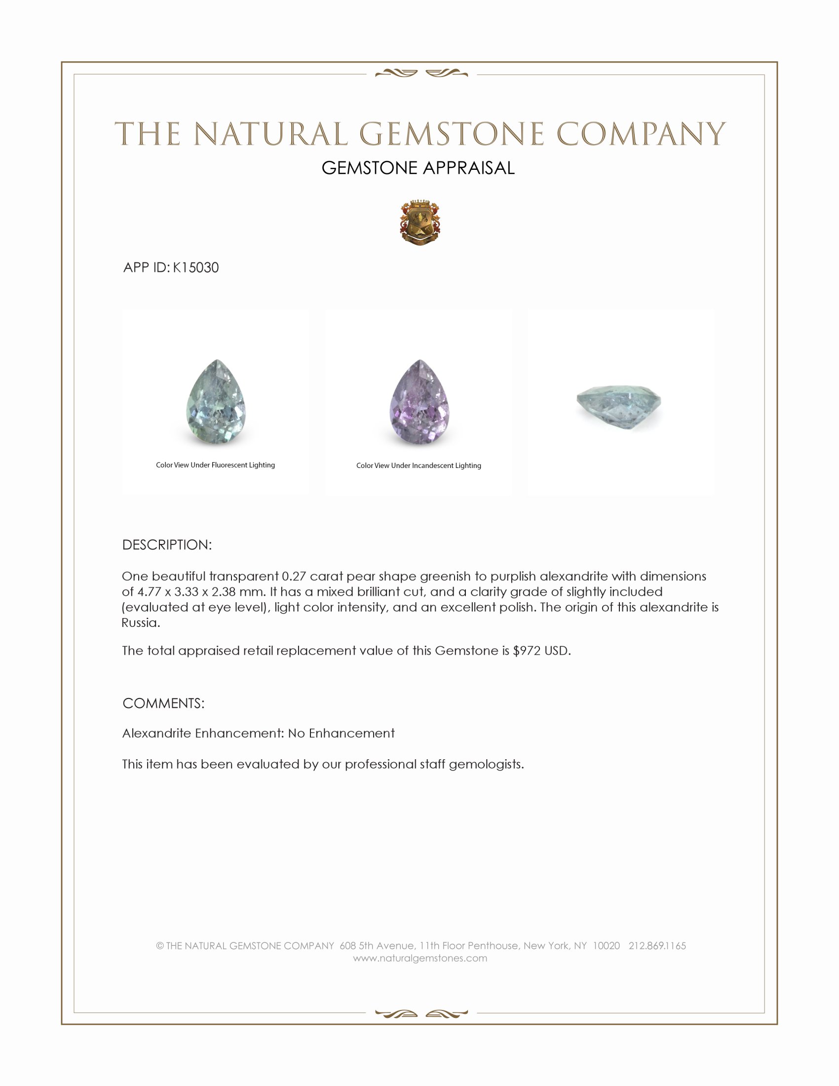 0.27 Ct. Alexandrite from Russia
