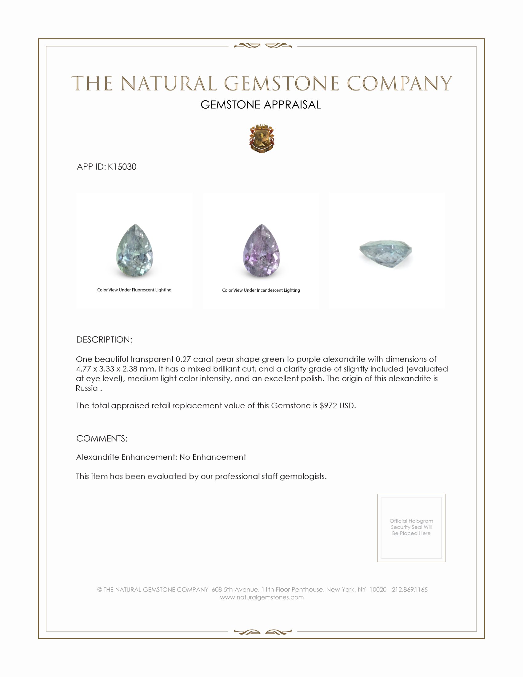 0.27 Ct. Alexandrite from Russia