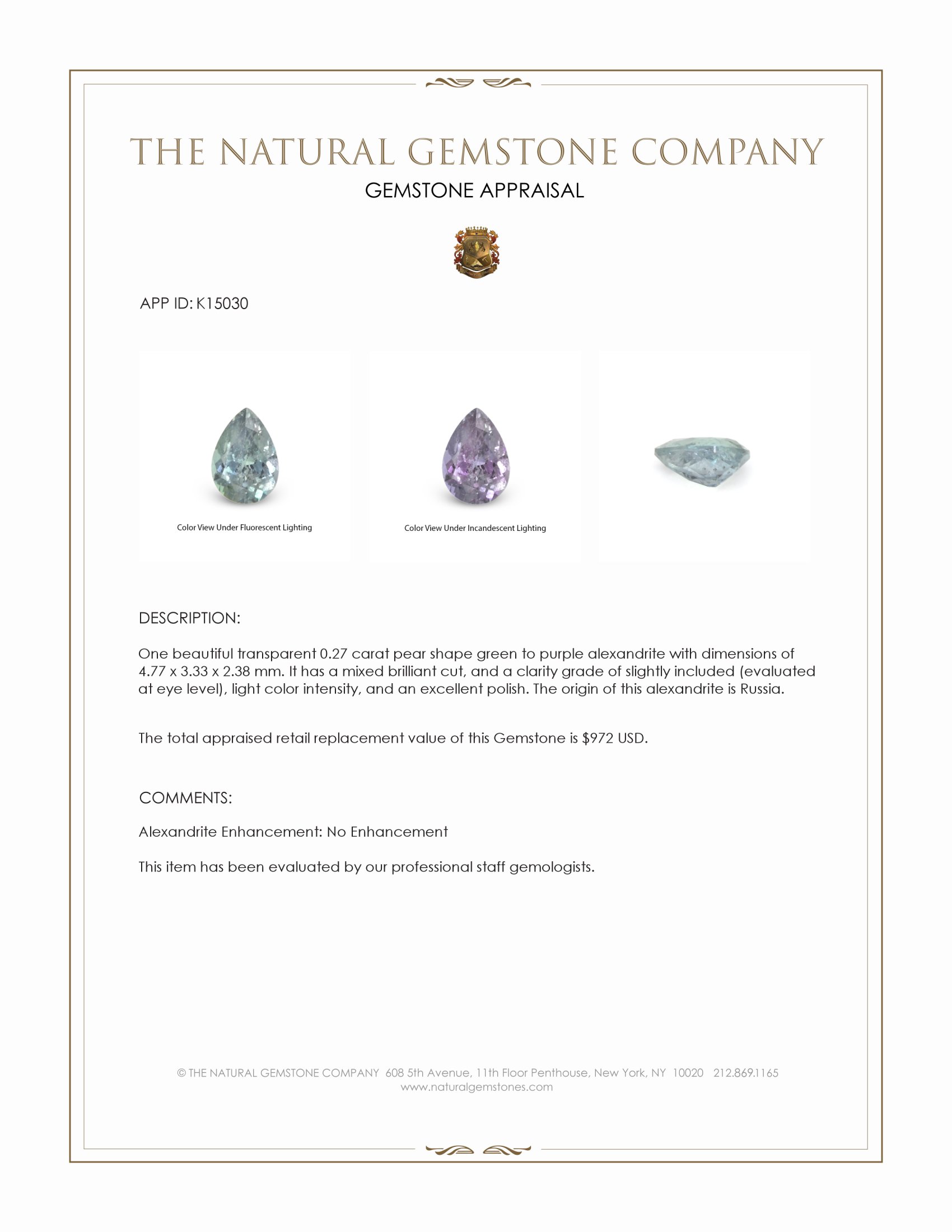 0.27 Ct. Alexandrite from Russia