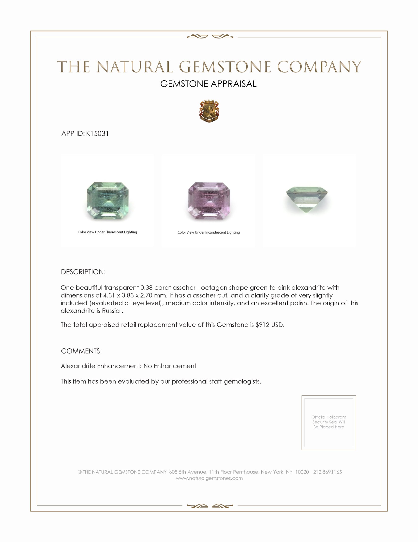 0.38 Ct. Alexandrite from Russia