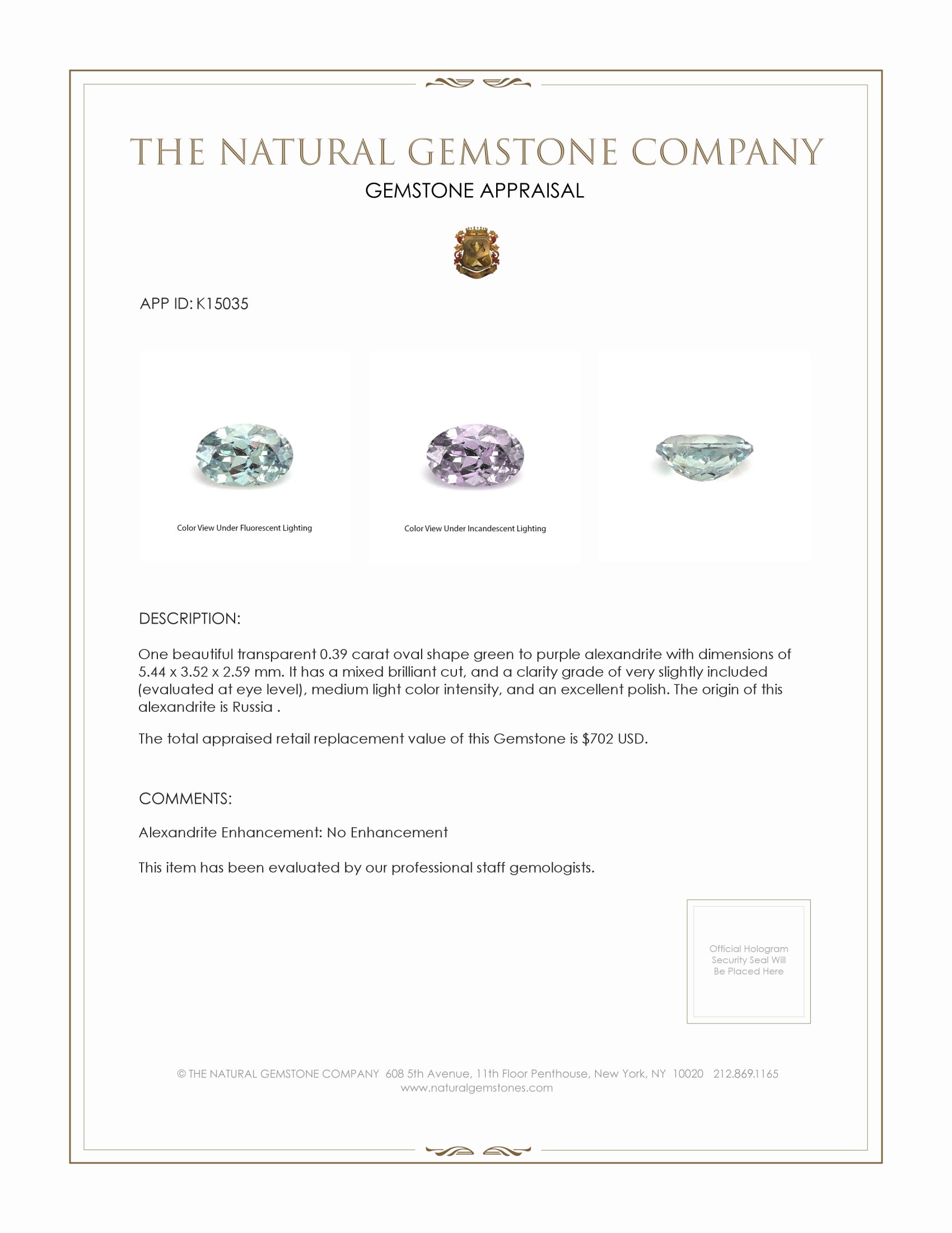 0.39 Ct. Alexandrite from Russia