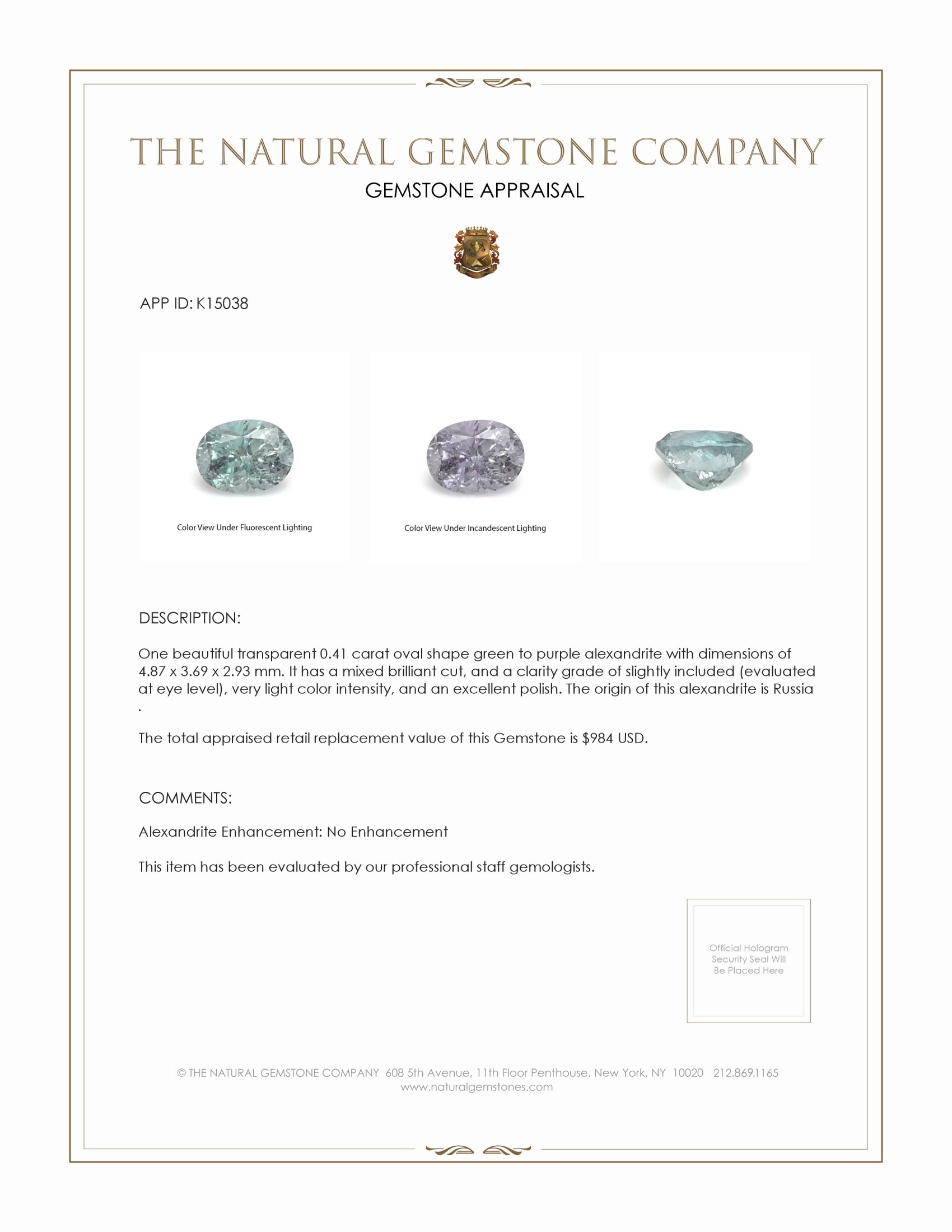 0.41 Ct. Alexandrite from Russia