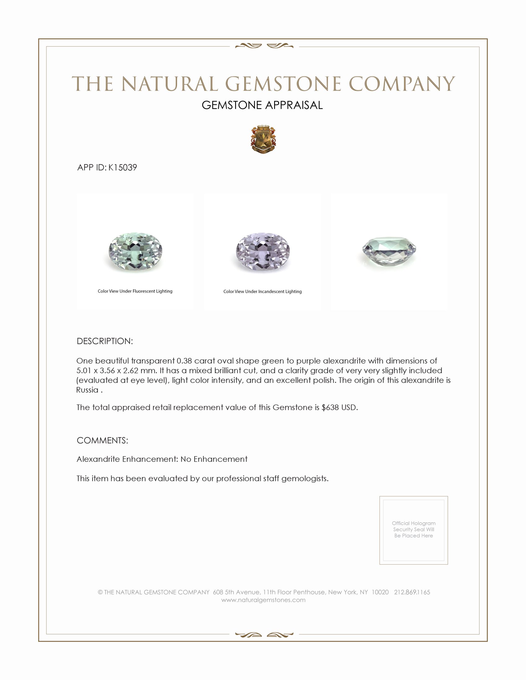 0.38 Ct. Alexandrite from Russia