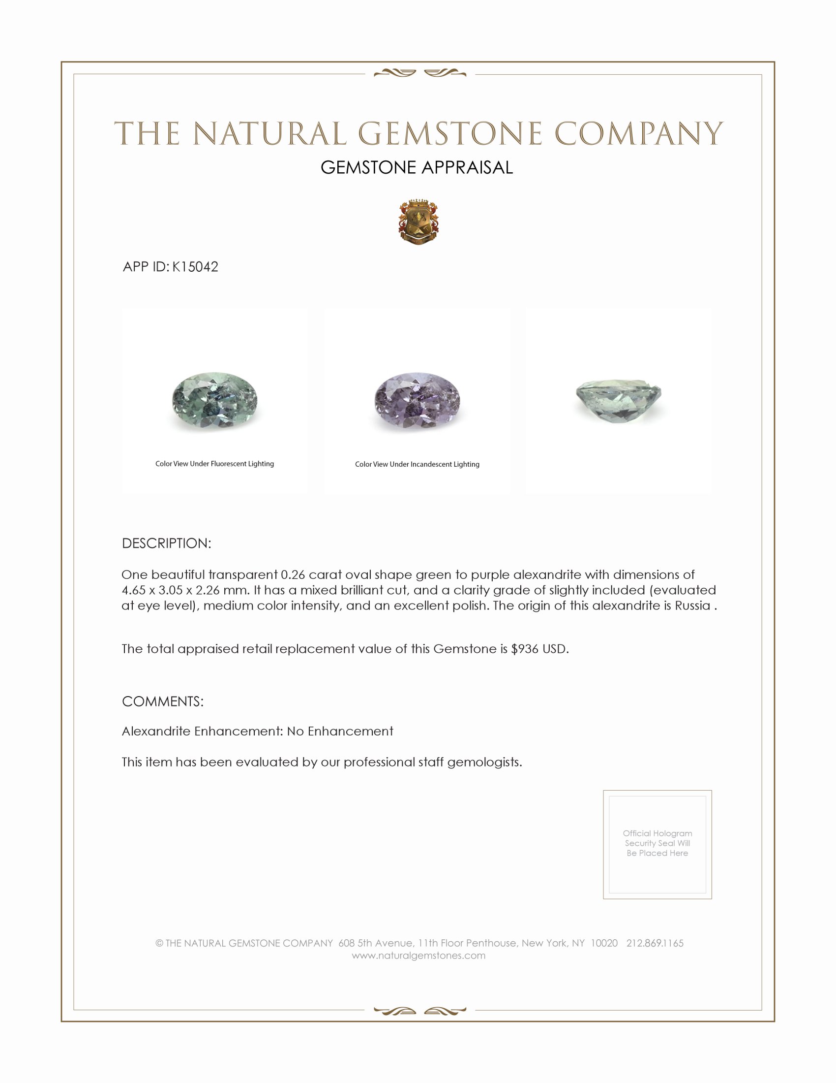 0.26 Ct. Alexandrite from Russia