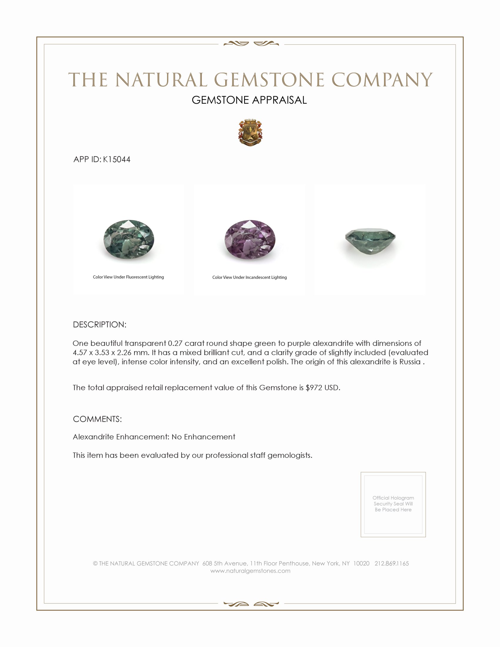 0.27 Ct. Alexandrite from Russia