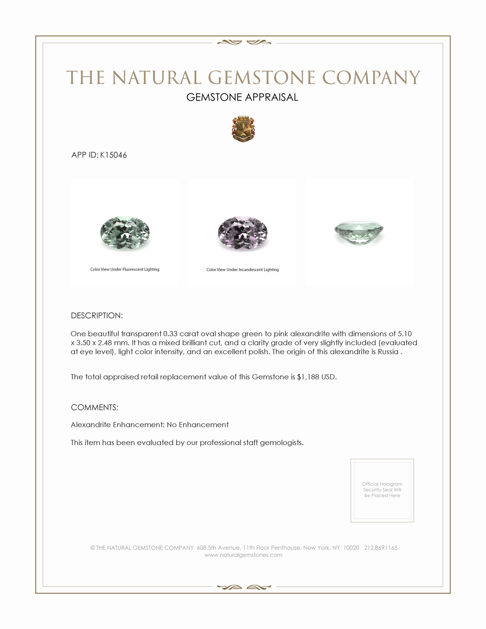 0.33 Ct. Alexandrite from Russia