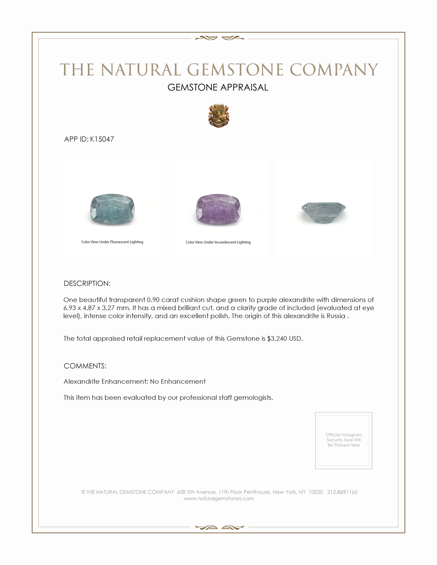 0.90 Ct. Alexandrite from Russia