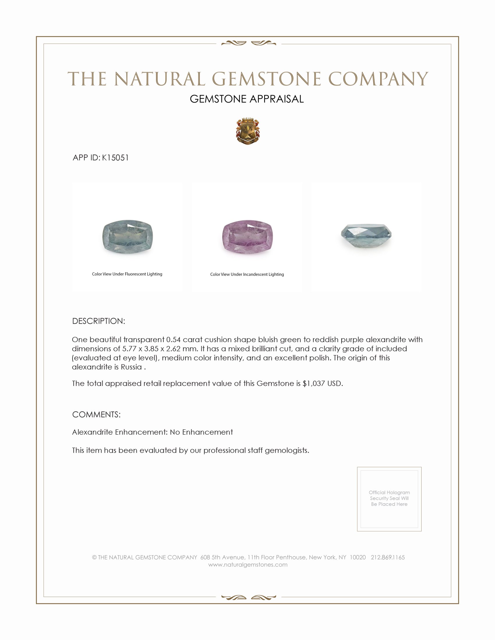 0.54 Ct. Alexandrite from Russia