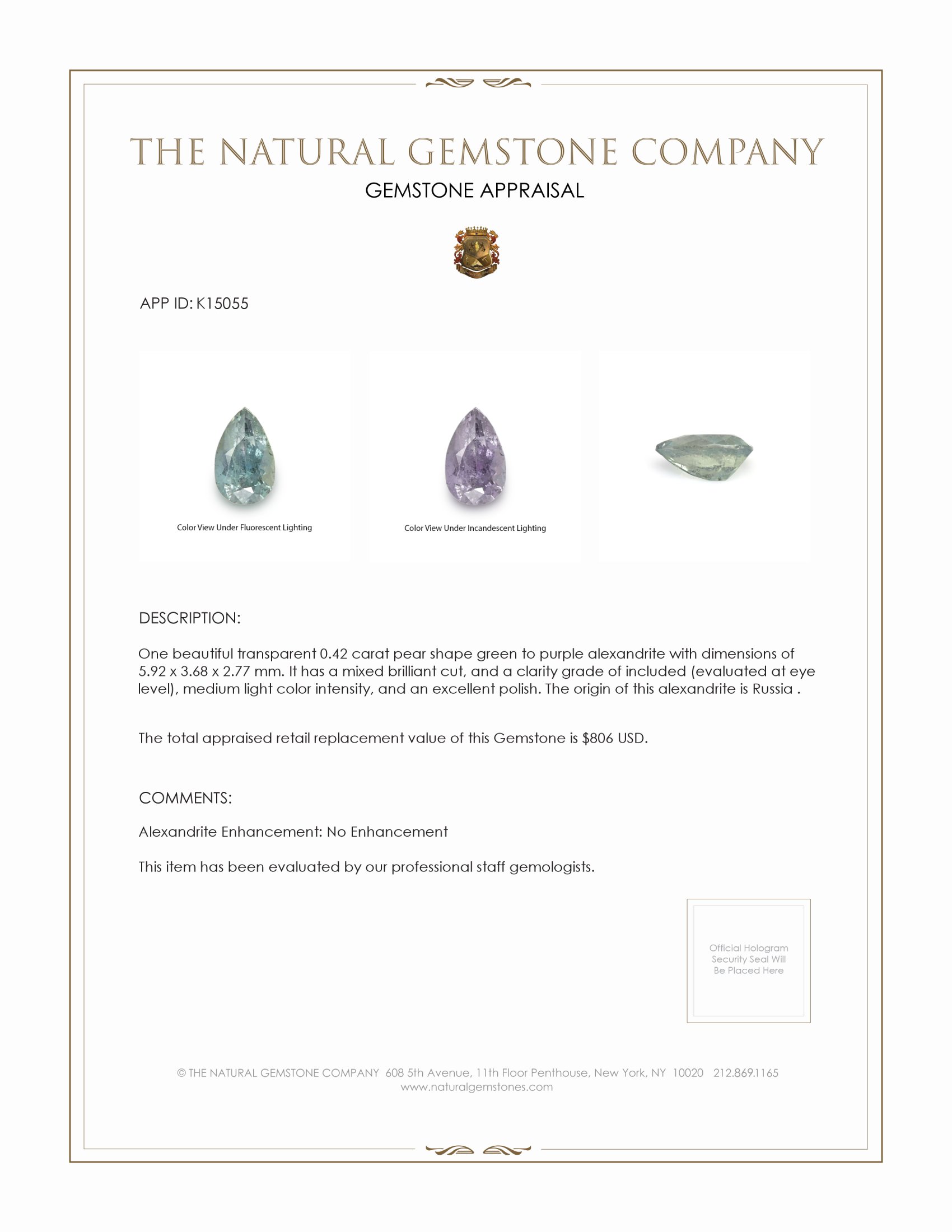 0.42 Ct. Alexandrite from Russia