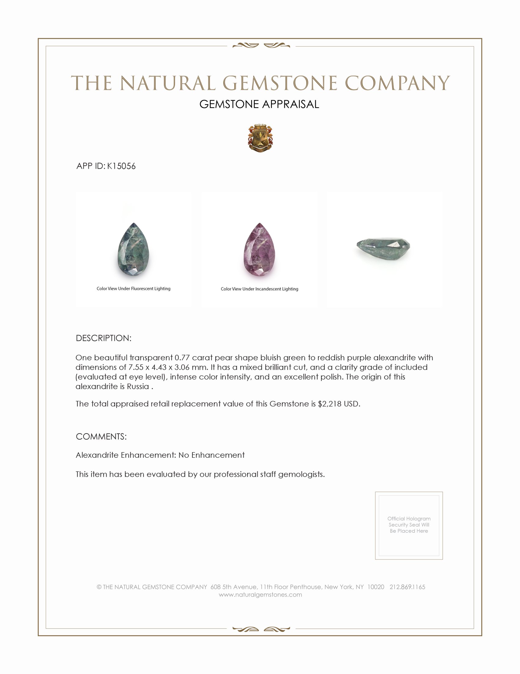 0.77 Ct. Alexandrite from Russia