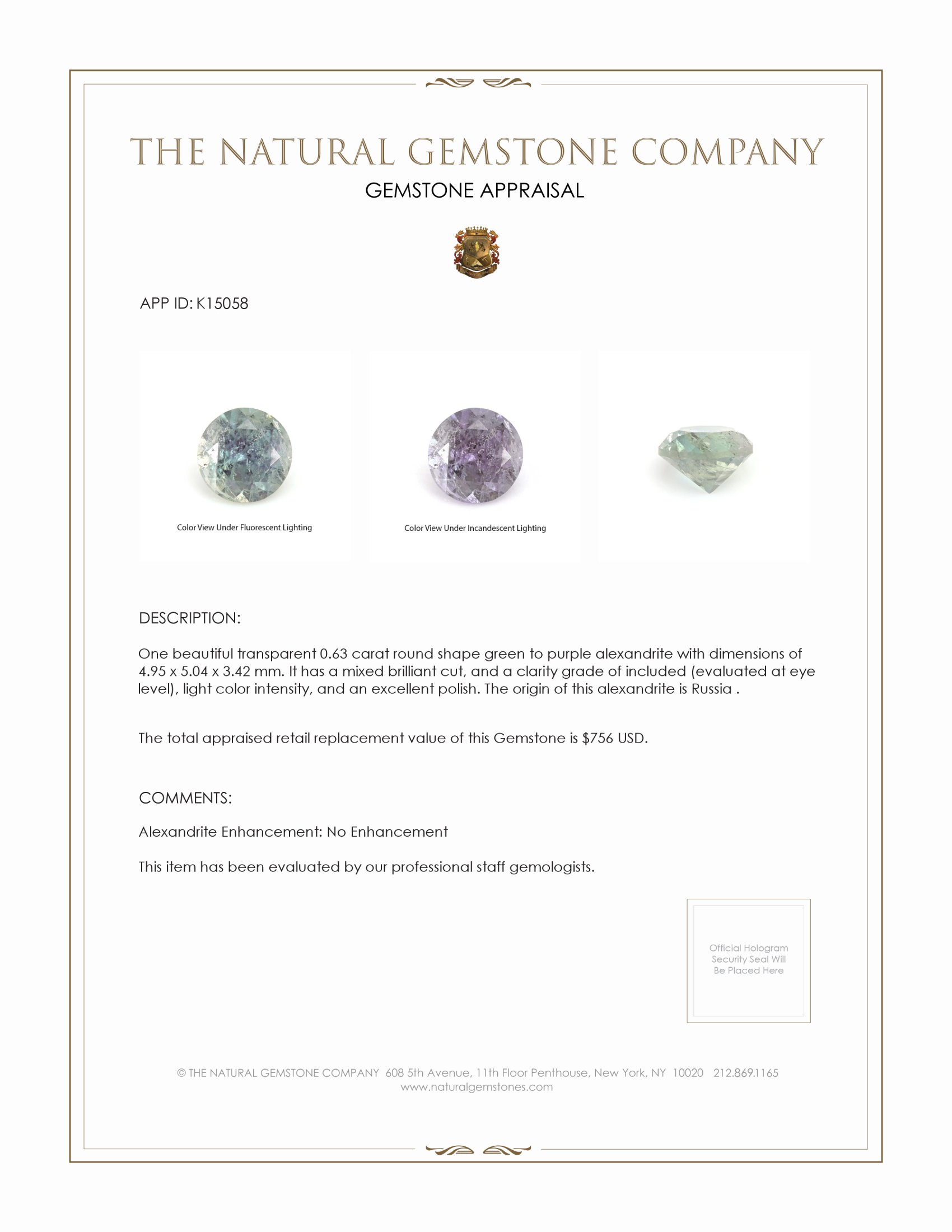 0.63 Ct. Alexandrite from Russia