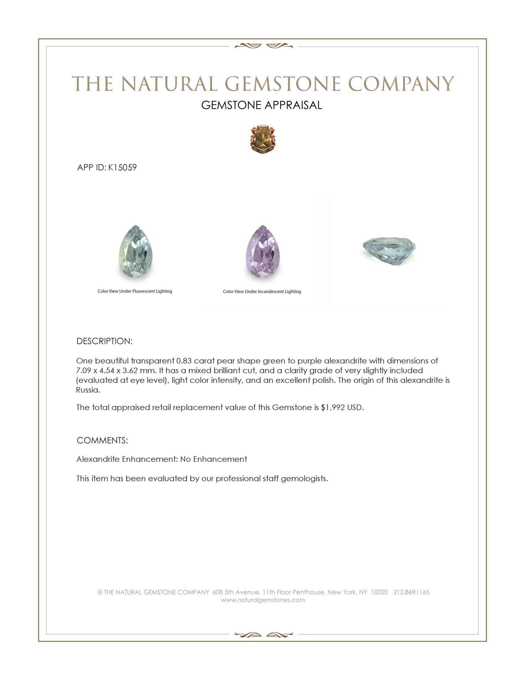 0.83 Ct. Alexandrite from Russia