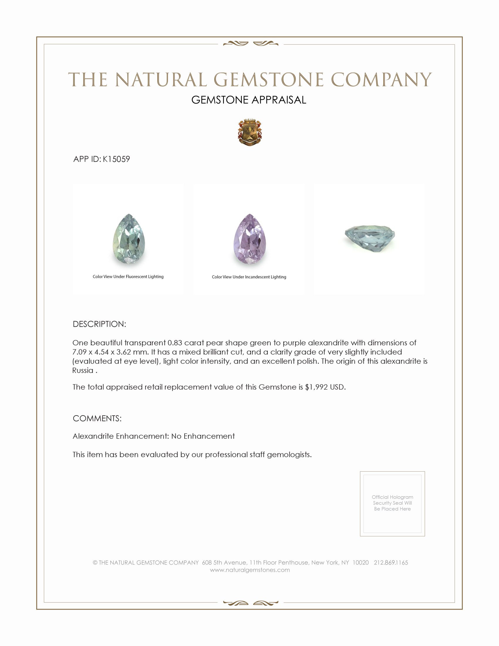 0.83 Ct. Alexandrite from Russia