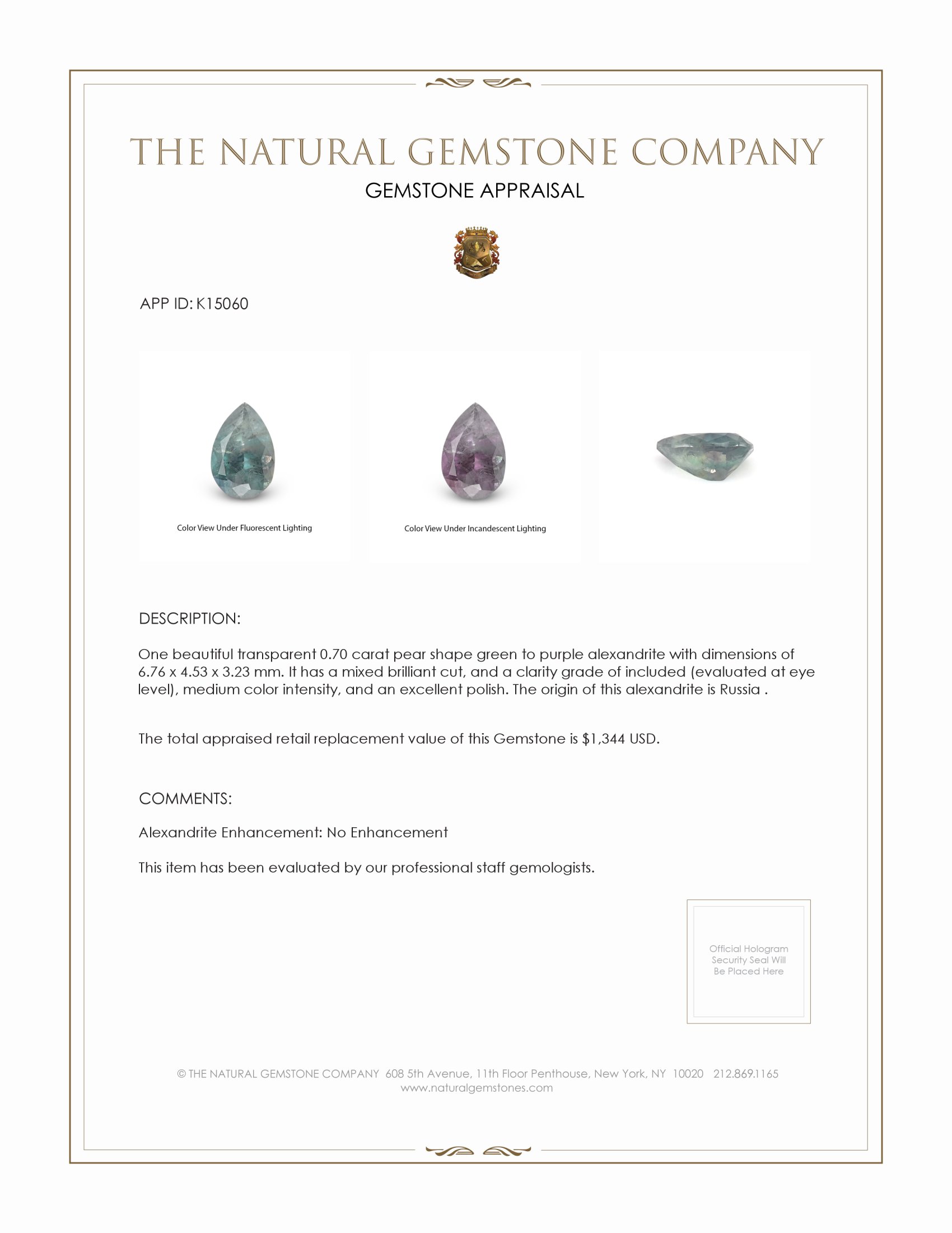 0.70 Ct. Alexandrite from Russia