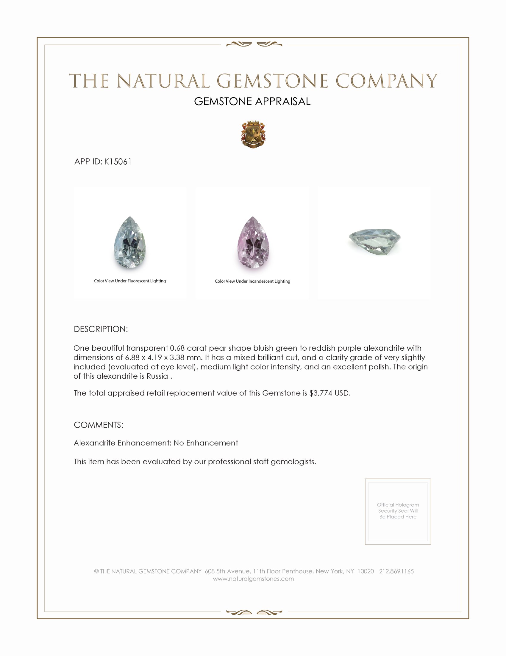 0.68 Ct. Alexandrite from Russia