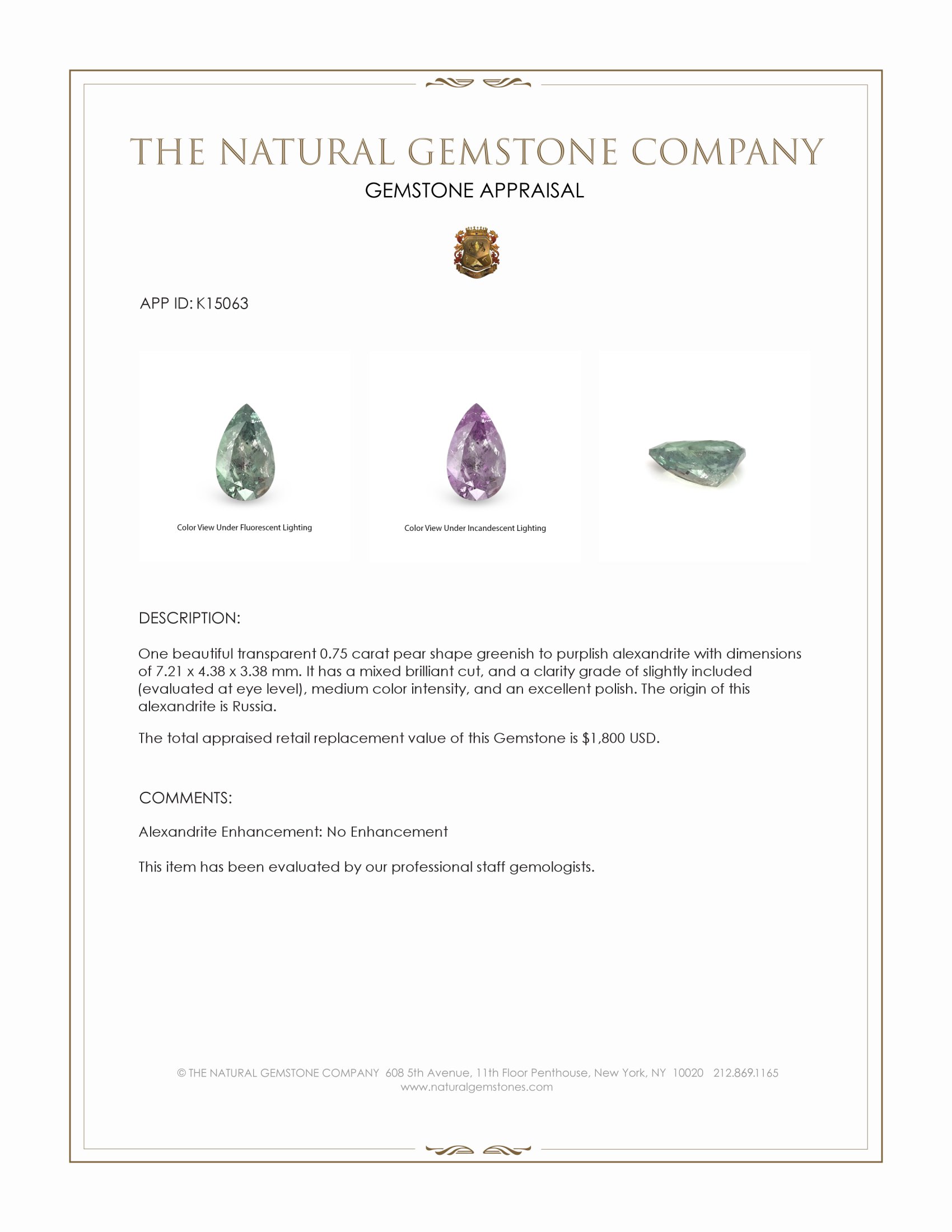 0.75 Ct. Alexandrite from Russia