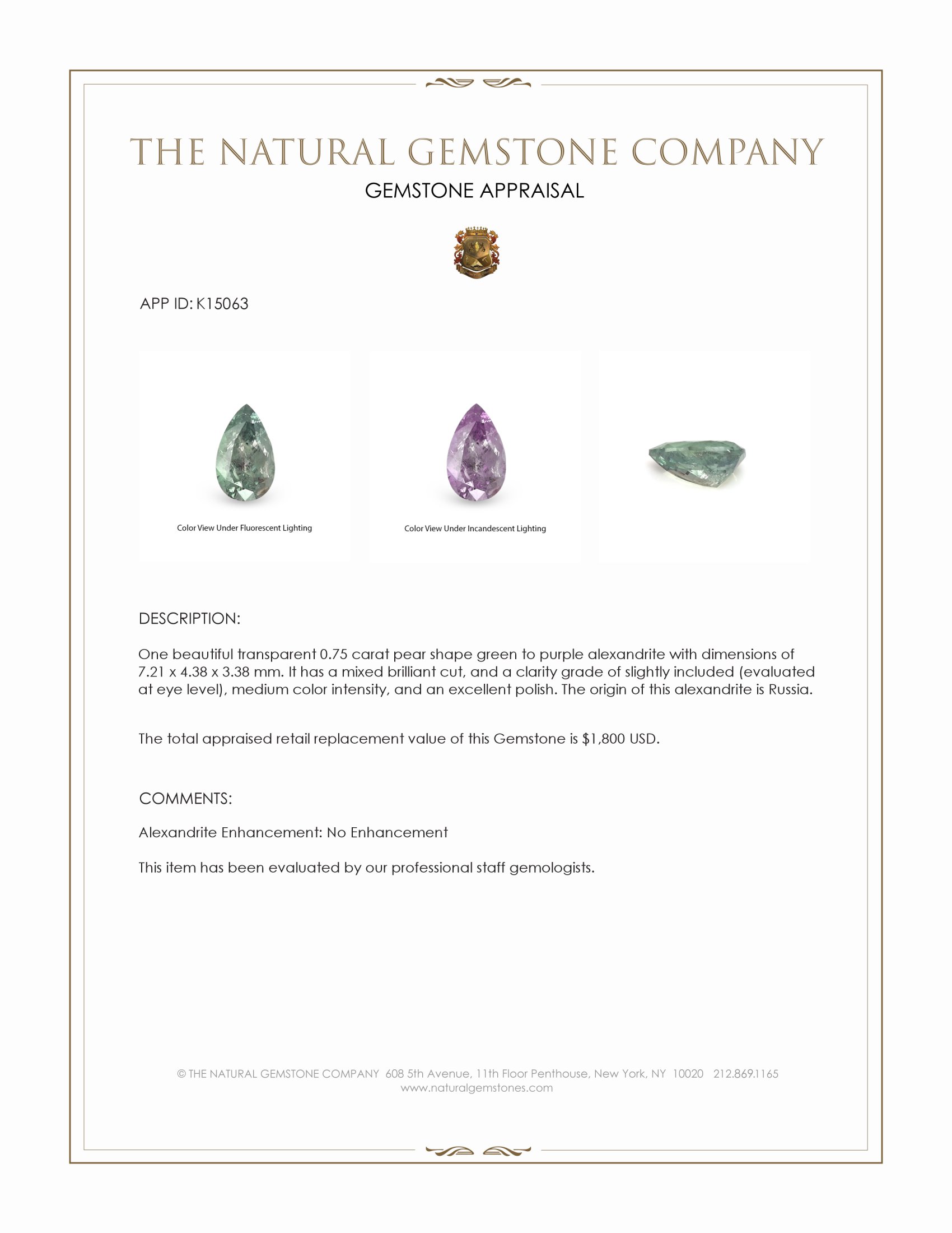 0.75 Ct. Alexandrite from Russia