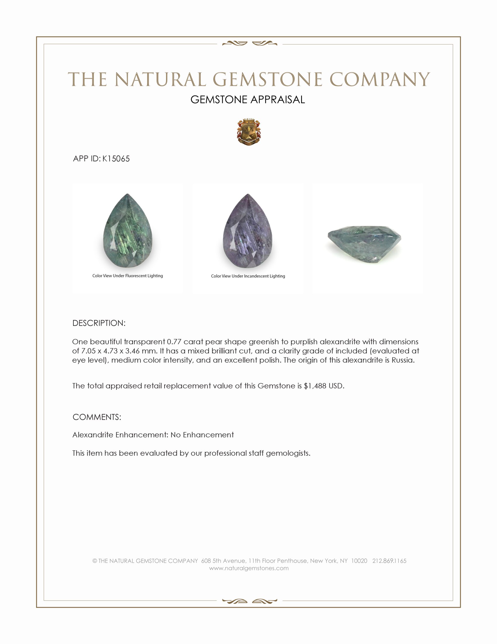 0.77 Ct. Alexandrite from Russia