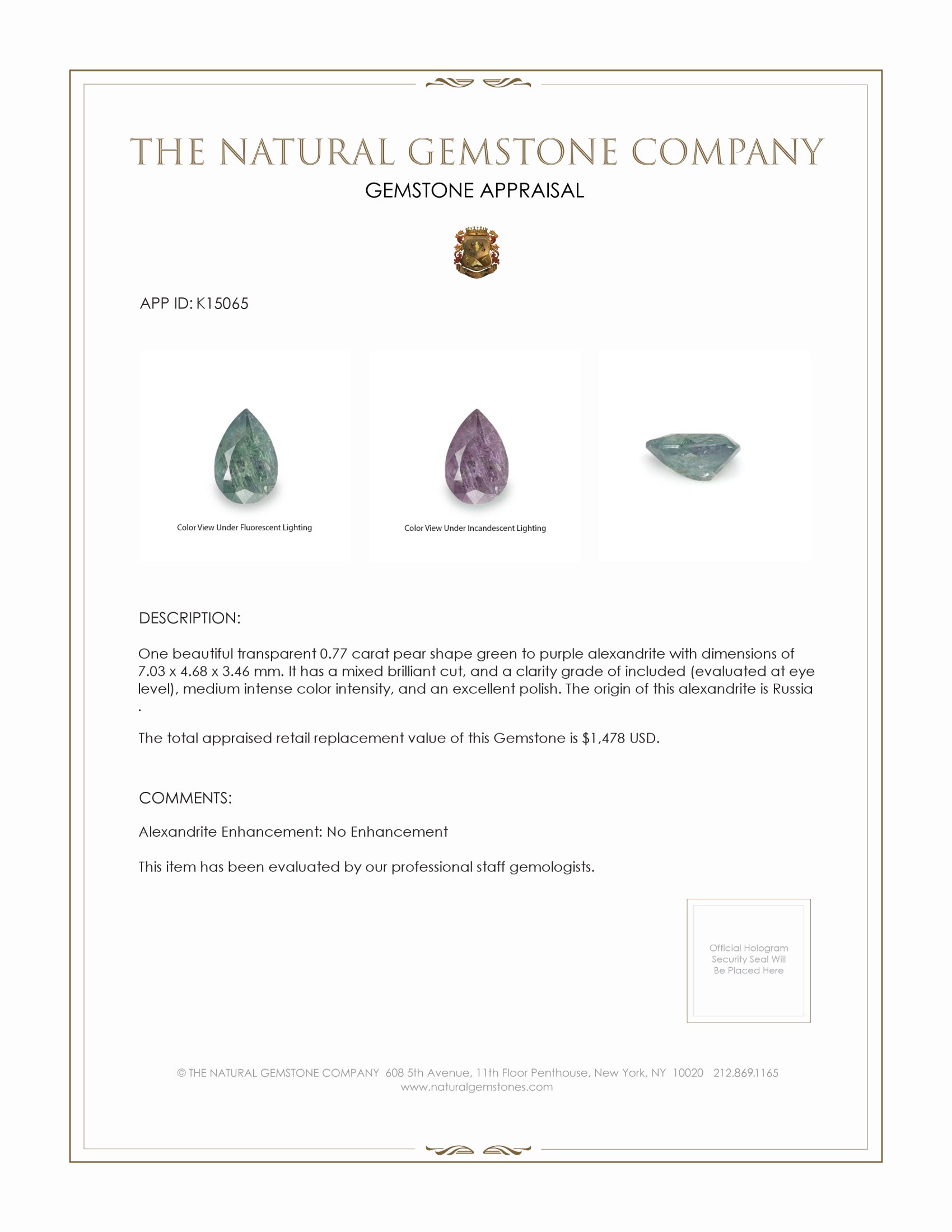 0.77 Ct. Alexandrite from Russia