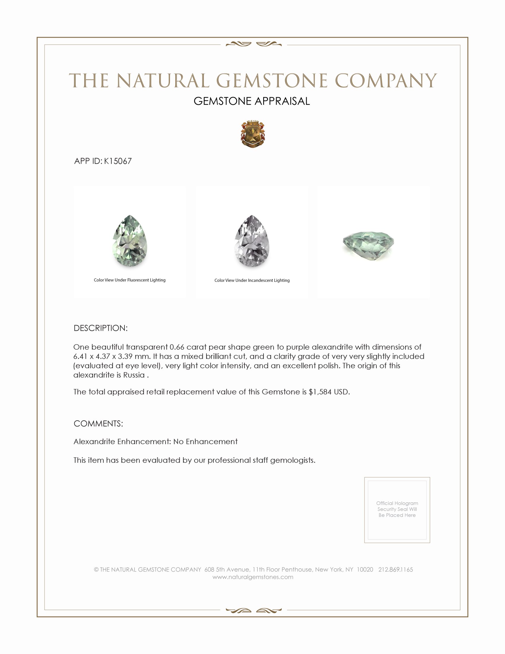 0.66 Ct. Alexandrite from Russia