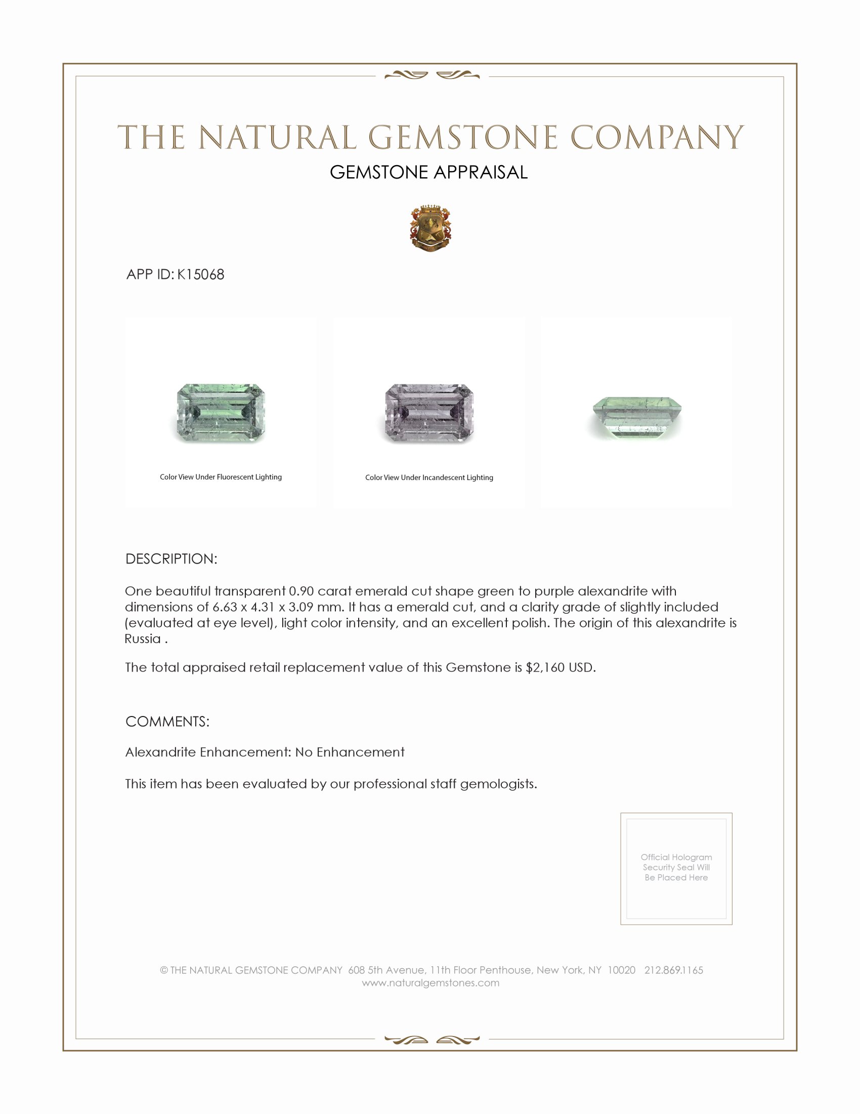 0.90 Ct. Alexandrite from Russia